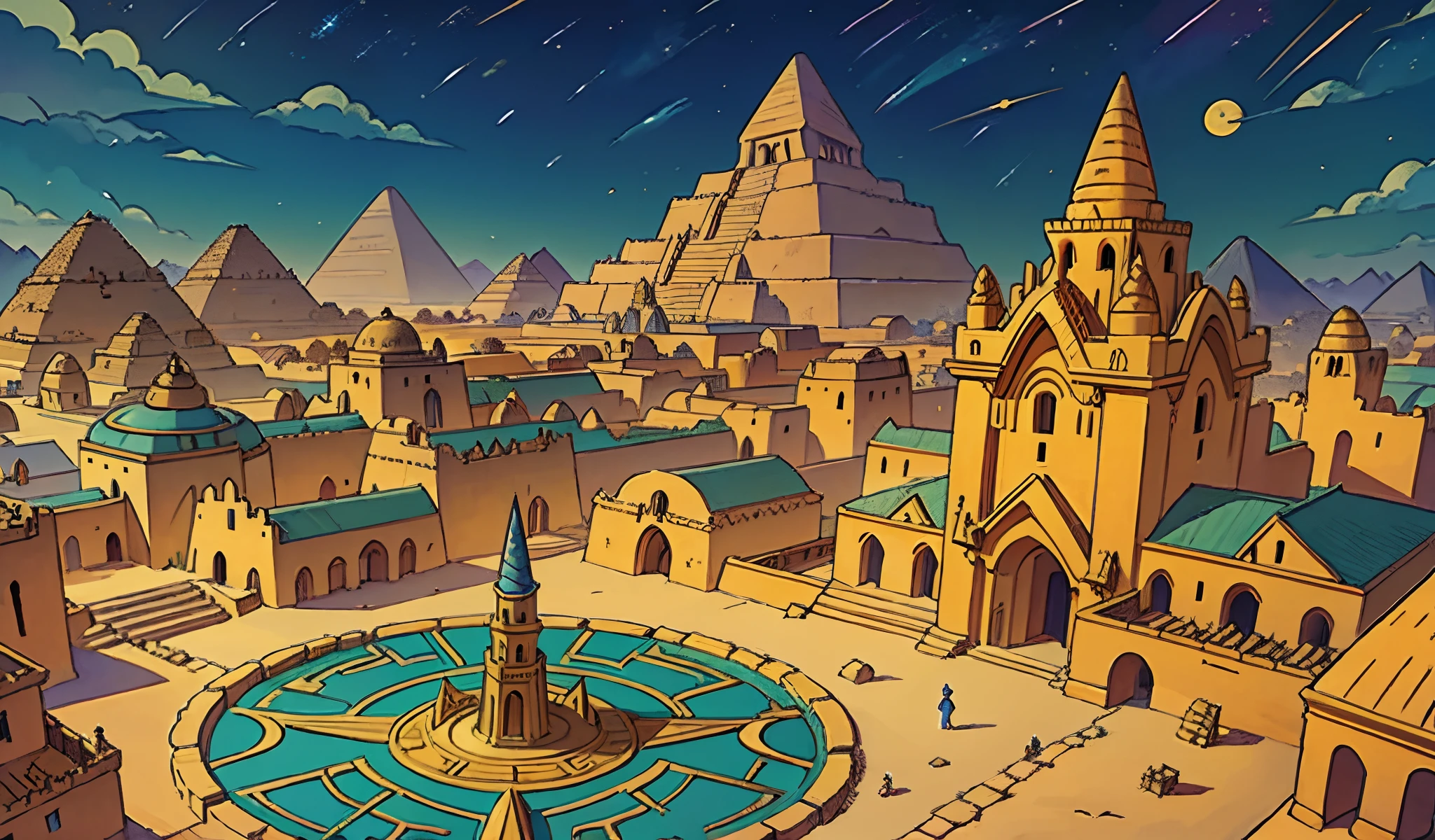masterpiece, zigurat, egypt style, Maya, Inca, Asteka, mysterios town, wizard tower, magic realm, city map, rpg city, bird's-eye view, far away view, distant stand point, distant view