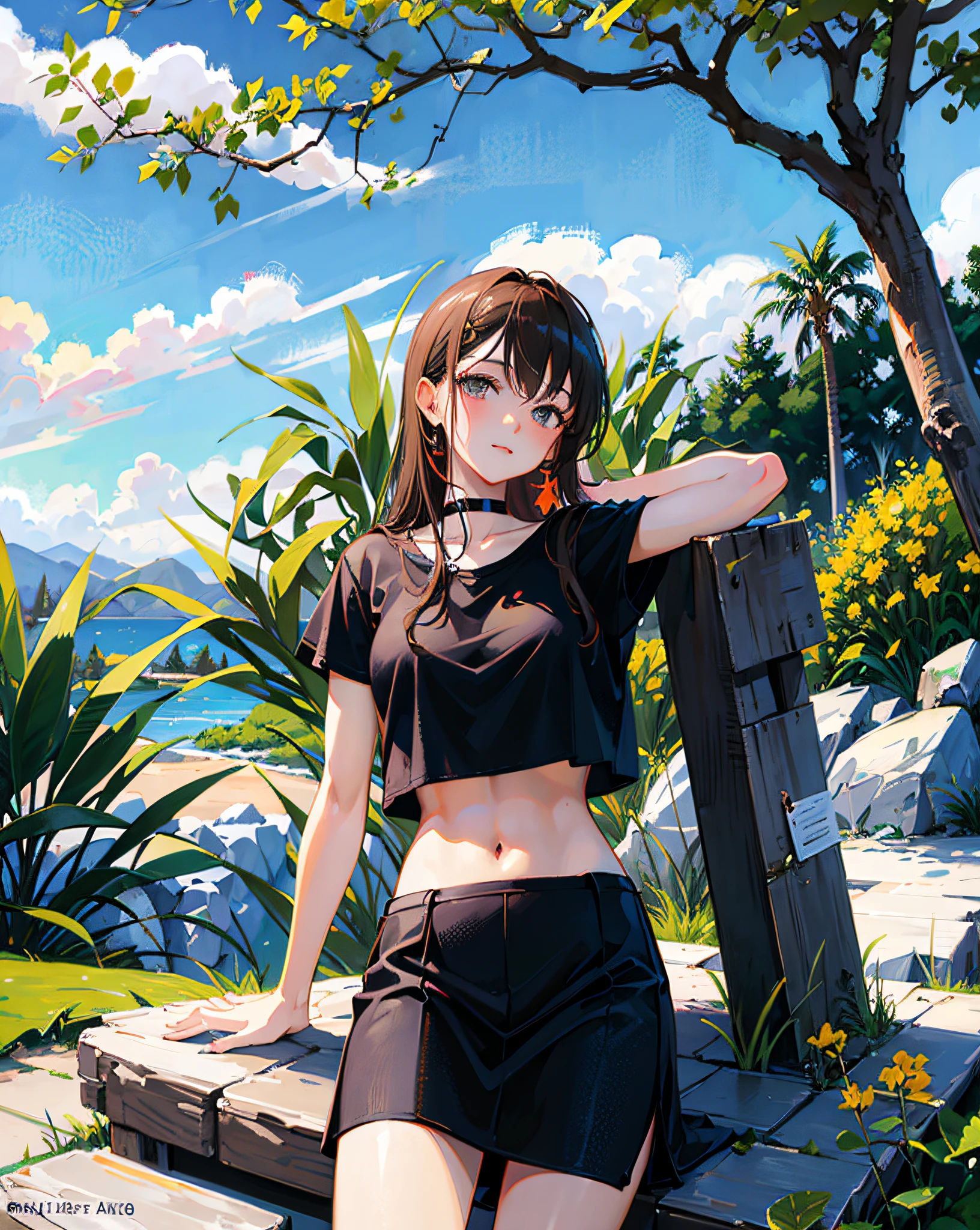 (Realistic painting style:1.0), Masterpiece, Best quality, absurderes, comic strip, illustration,
1 girl, long hair, cute girl, young and cute girl, Korean girl, {Breasts}, hana, 
a girl sitting on a rock near a tree in a black dress, wearing a sexy cropped top, wearing crop top and miniskirt, black top, wearing a black cropped tank top, black skirt, a black chocker,
