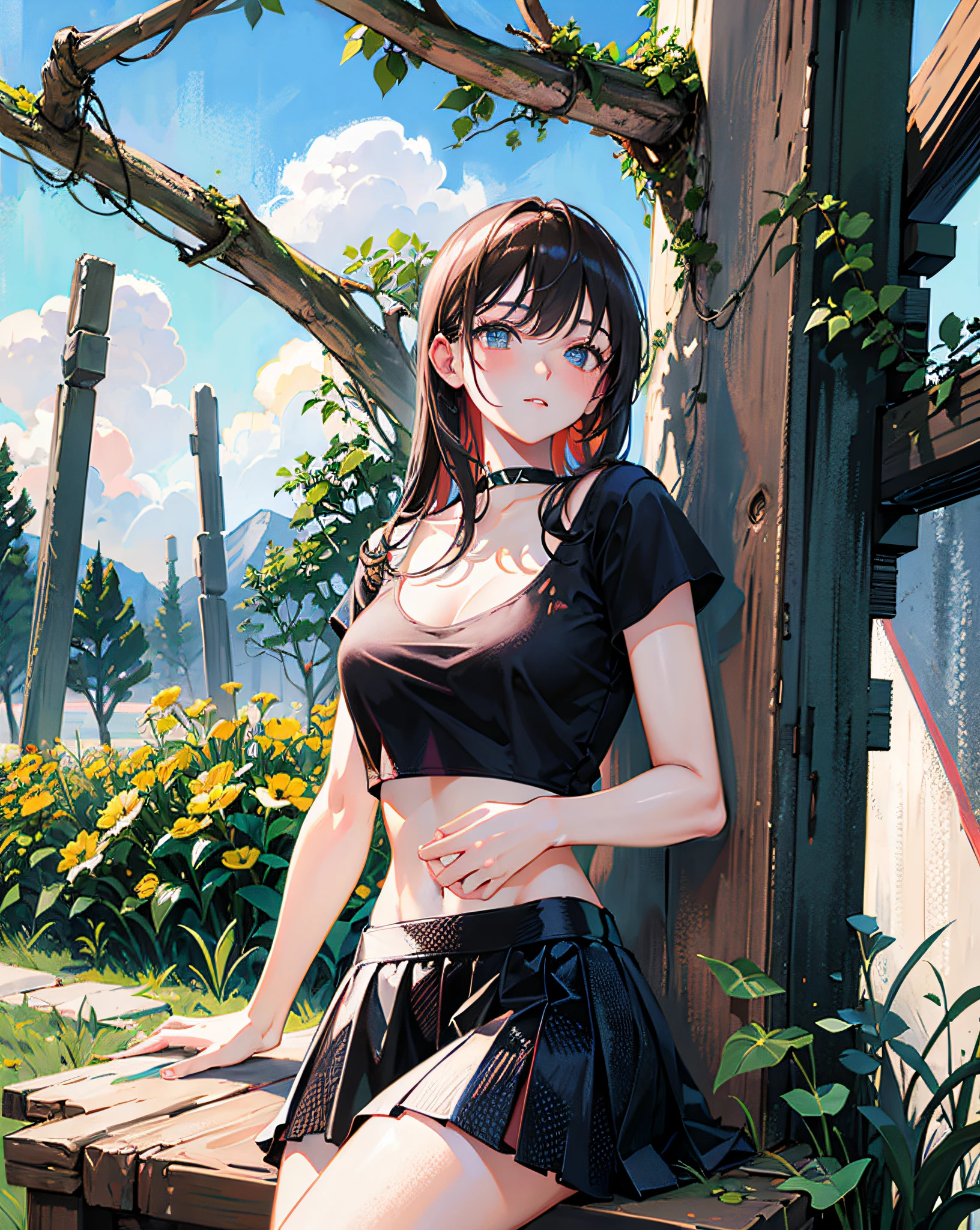 (Realistic painting style:1.0), Masterpiece, Best quality, absurderes, comic strip, illustration,
1 girl, long hair, cute girl, young and cute girl, Korean girl, {Breasts}, hana,
a girl sitting on a rock near a tree in a black dress, wearing a sexy cropped top, wearing crop top and miniskirt, black top, wearing a black cropped tank top, black skirt, a black chocker,