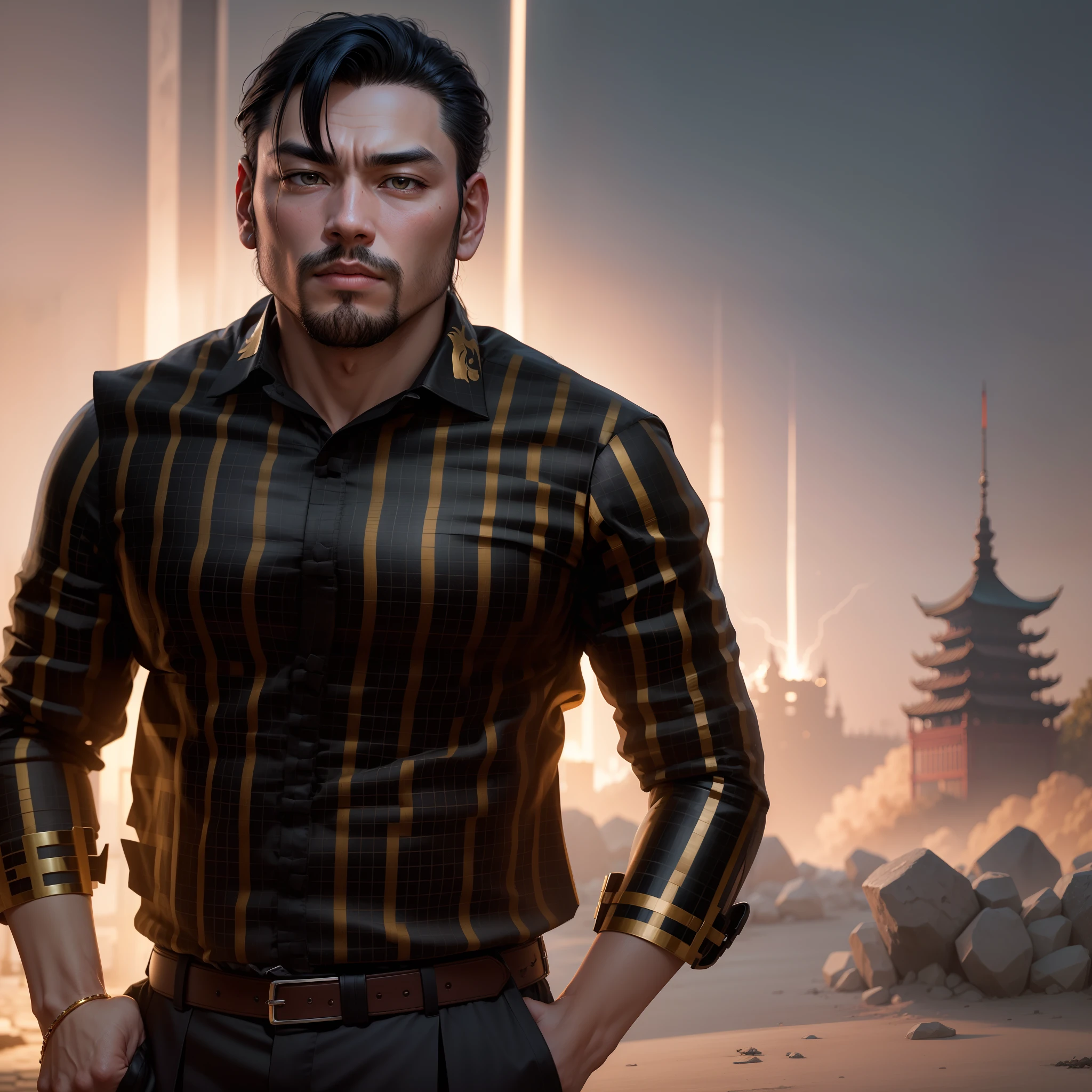 grown up, Mature man 35 years old.
European facial features. volitional, Companies in China. Dark Big, Oriental eyes.
Black long hair gathered in a Chinese ponytail.
ah high, muscular.
Dressed in a black leather cloak, with metal shoulder pads. In his right hand he holds a sword, the left one is raised above the head and a chrysanthemum flower sparkles in it, What scatters star rays.
fantasy world. Blend of black gold, Gold Pattern, Dragon Pattern Road, prince, palace. Lightning effect.