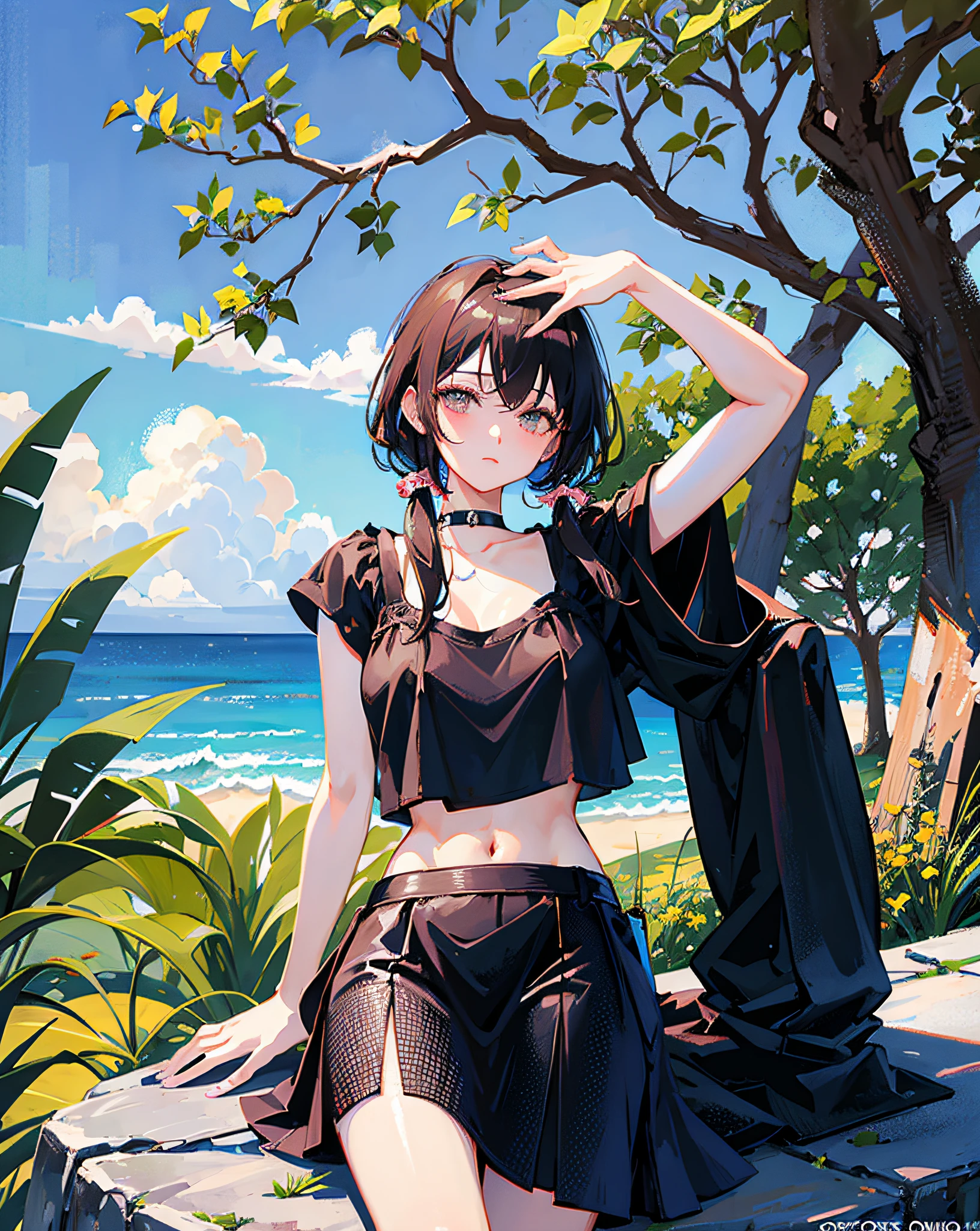 bare shoulders, bare arms, black bikini, black beach skirt, behind the sea, 1girl, background blur, closed mouth, bare sleeves, black hair, navel, medium shot
