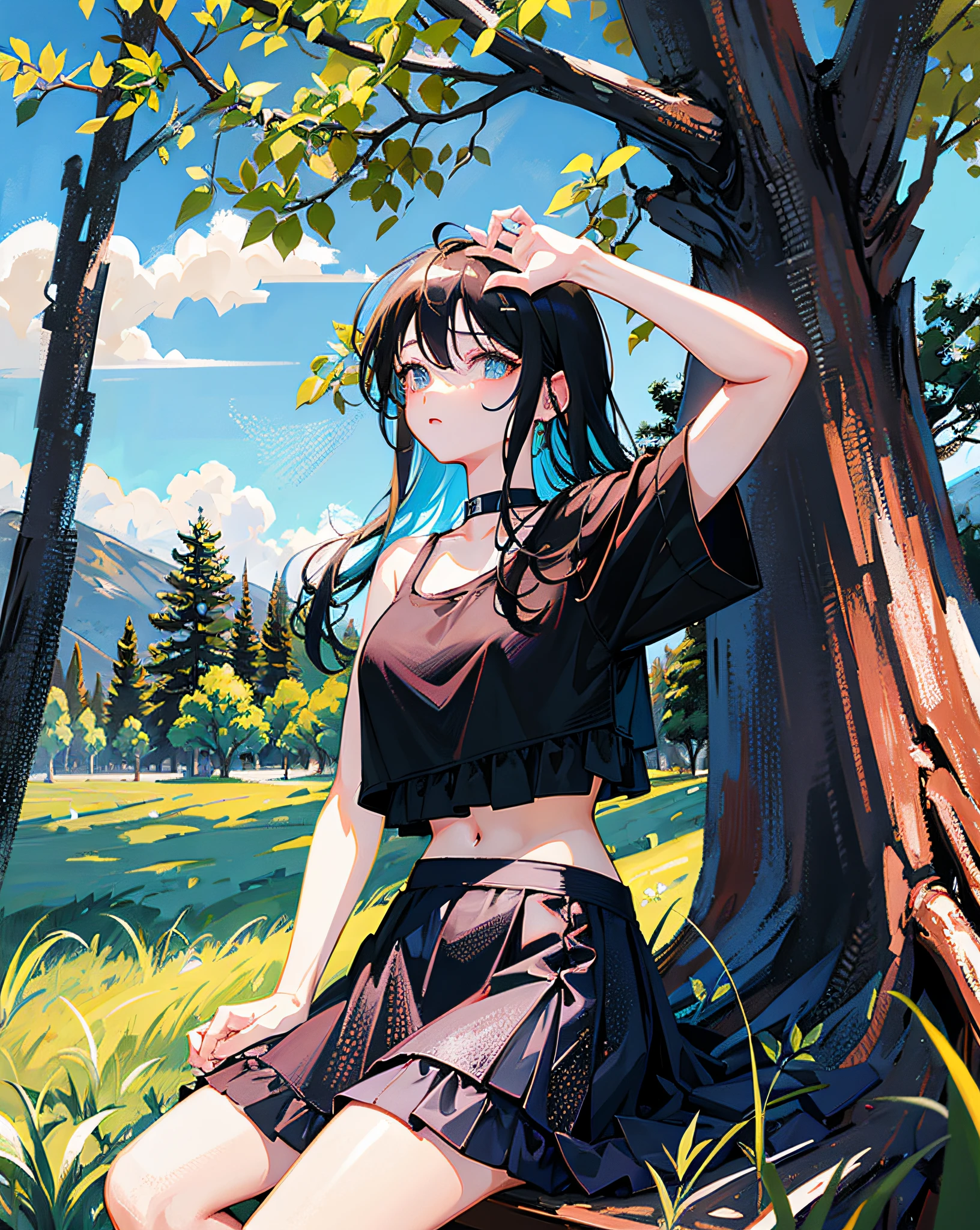 (Realistic painting style:1.0), Masterpiece, Best quality, absurderes, comic strip, illustration,
1 girl, long hair, cute girl, young and cute girl, Korean girl, {Breasts}, hana,
a girl sitting on a rock near a tree in a black dress, wearing a sexy cropped top, wearing crop top and miniskirt, black top, wearing a black cropped tank top, black skirt, a black chocker,