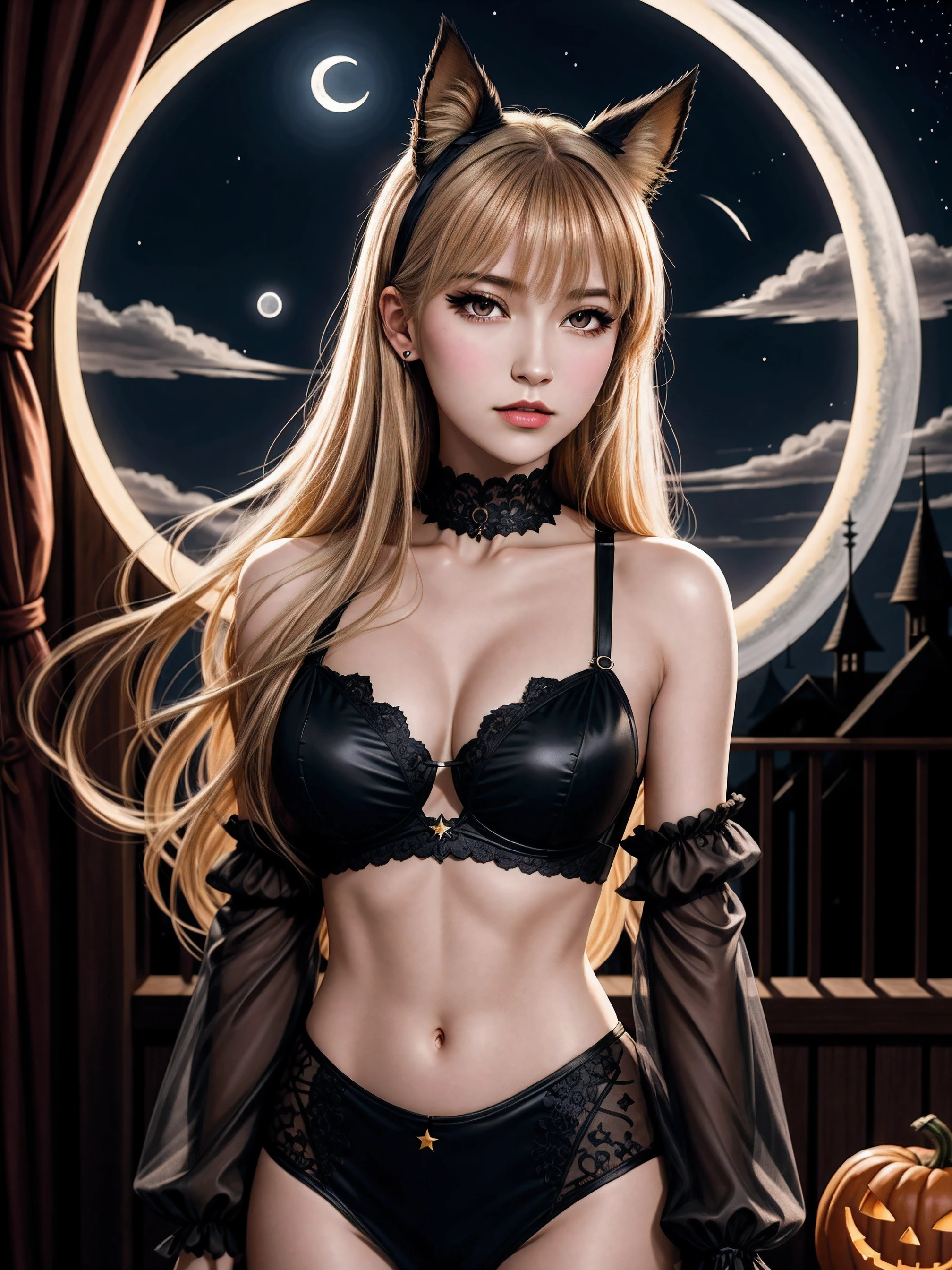 (best quality, masterpiece:1.2), (best illustration), (extremely detailed illustration), (looking at viewer:1.4), (full_body), 
(1girl, 20yo:1.2), long swept bangs, (brown eyes:1.2), eyelashes, fake lashes, thin eyebrows, long hair, nose, (brown hair:blonde hair:1.2), (tareme, (half-closed eyes:0.6), black eyeshadow), (medium breasts:1.4), 
(black_clothing_theme:1.2), animal_ears, bare_shoulders, bat, breasts, circle, cloud, crescent, crescent_moon, full_moon, halloween, moon, moonlight, navel, night, night_sky, planet, red_moon, round_window, sky, solo, star_\(sky\), starry_sky, sun,