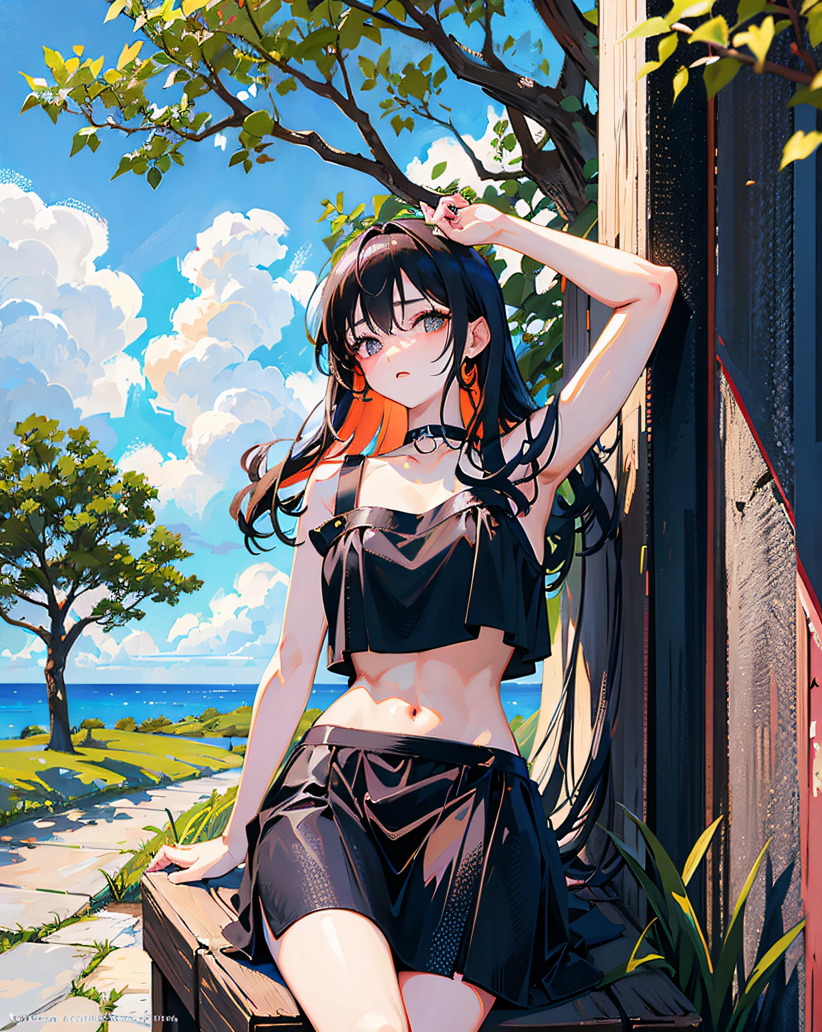 (Realistic painting style:1.0), Masterpiece, Best quality, absurderes, comic strip, illustration,
1 girl, long hair, cute girl, young and cute girl, Korean girl, {Breasts}, hana, 
a girl sitting on a rock near a tree in a black dress, wearing a sexy cropped top, wearing crop top and miniskirt, black top, wearing a black cropped tank top, black skirt, a black chocker,
