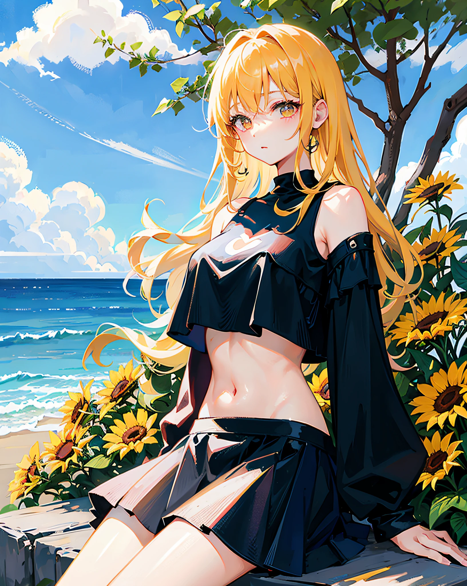 (Realistic painting style:1.0), Masterpiece, Best quality, absurderes, comic strip, illustration,
1 girl, Long hair, Cute girl, young and cute girl, Korean girl, {Breasts}, Hana, 
A girl in a black dress sits on a rock next to a tree, wearing sexy cropped top, wearing crop top and miniskirt, Black top, wearing a black cropped tank top, Black skirt, a black choker, 
Blonde, Blonde hair, blond hairbl,