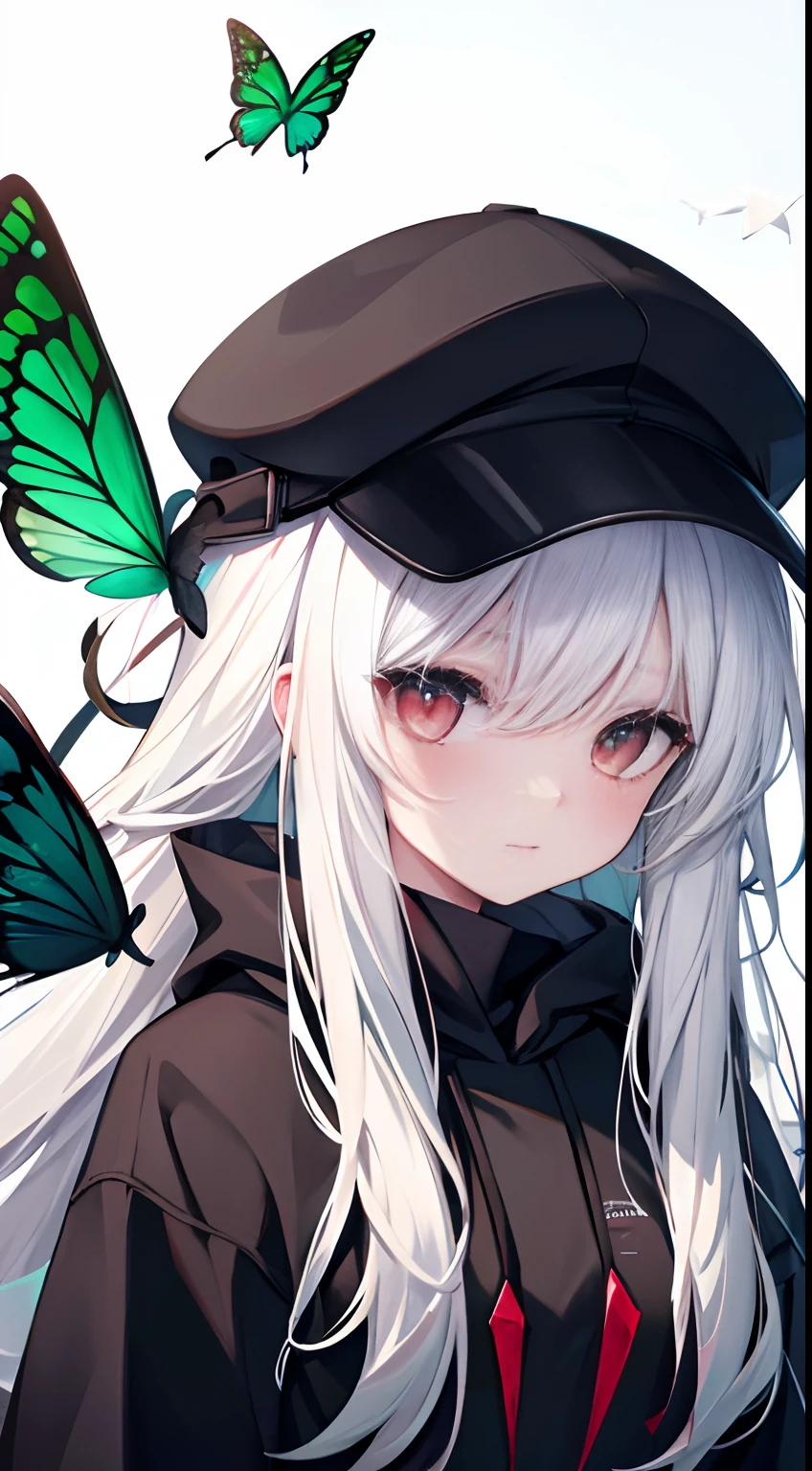 {high quality}, 1girl, {red eyes}, {white hair}, {black and green hoodie}, {black hat}, {multiple green butterflies flying},