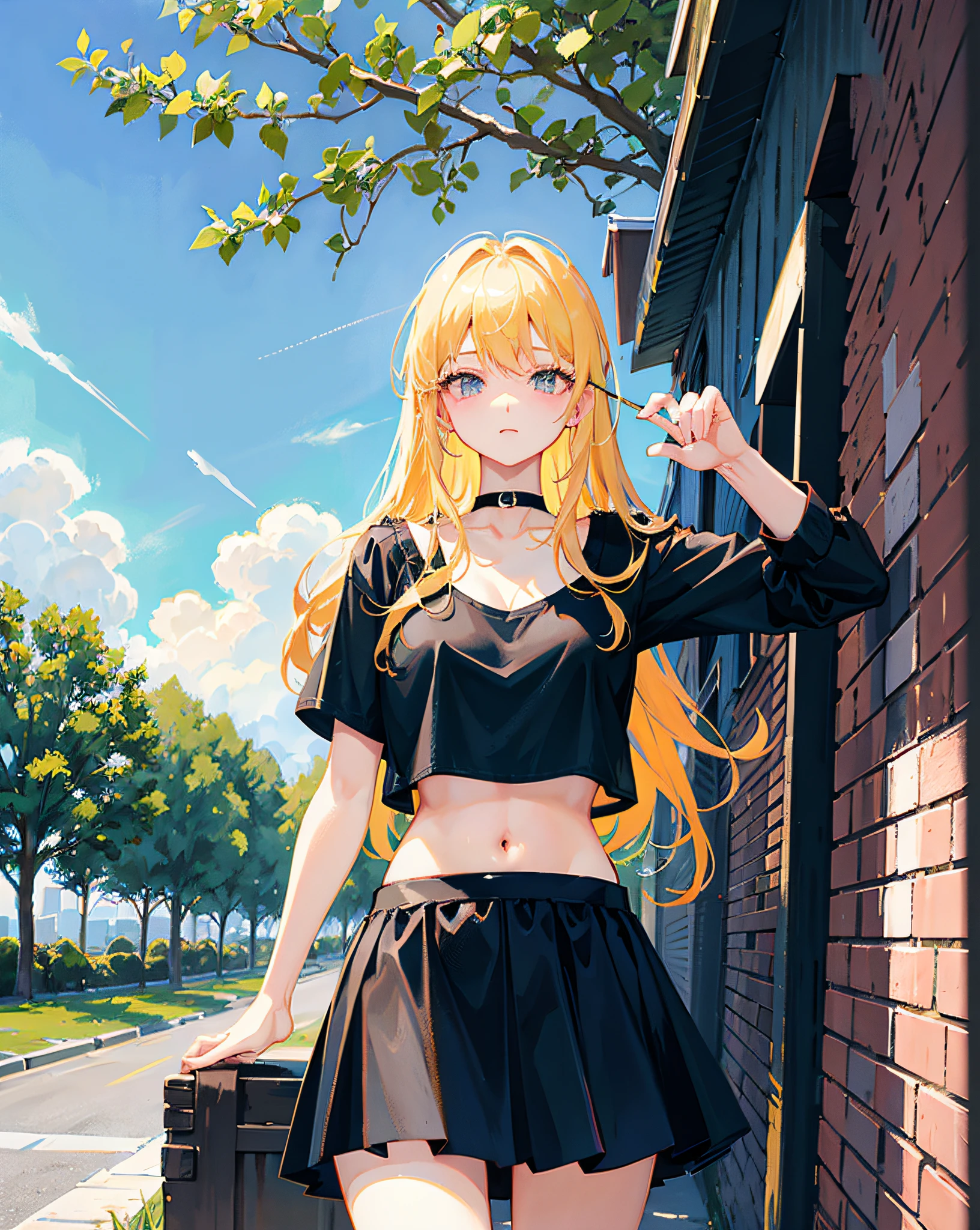(Realistic painting style:1.0), Masterpiece, Best quality, absurderes, comic strip, illustration,
1 girl, Long hair, Cute girl, young and cute girl, Korean girl, {Breasts}, Hana,
A girl in a black dress sits on a rock next to a tree, wearing sexy cropped top, wearing crop top and miniskirt, Black top, wearing a black cropped tank top, Black skirt, a black choker,
Blonde, Blonde hair, blond hairbl,