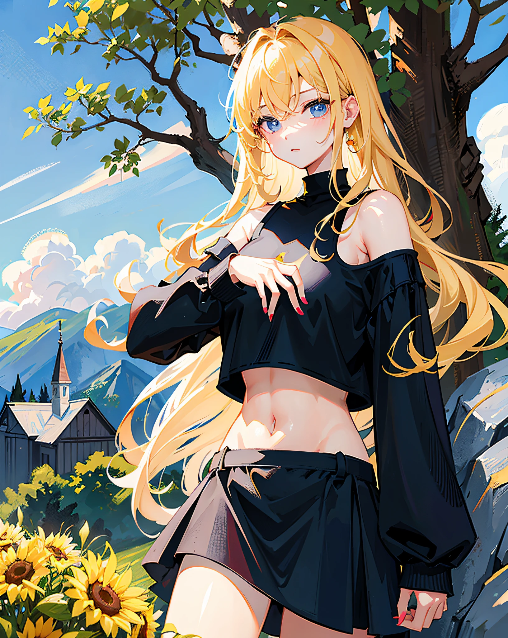 (Realistic painting style:1.0), Masterpiece, Best quality, absurderes, comic strip, illustration,
1 girl, Long hair, Cute girl, young and cute girl, Korean girl, {Breasts}, Hana, 
A girl in a black dress sits on a rock next to a tree, wearing sexy cropped top, wearing crop top and miniskirt, Black top, wearing a black cropped tank top, Black skirt, a black choker, 
Blonde, Blonde hair, blond hairbl,