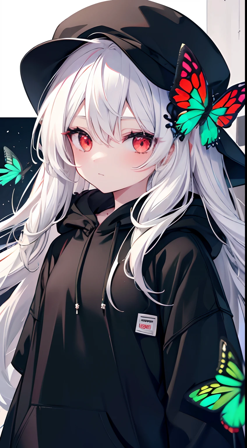 {high quality}, 1girl, {red eyes}, {white hair}, {black and green hoodie}, {black hat}, {multiple green butterflies flying},