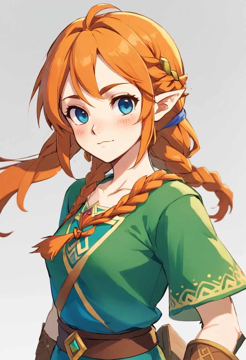 A female OC hylian with bright orange hair and freckles. Her hair is tied to the sides with rope.