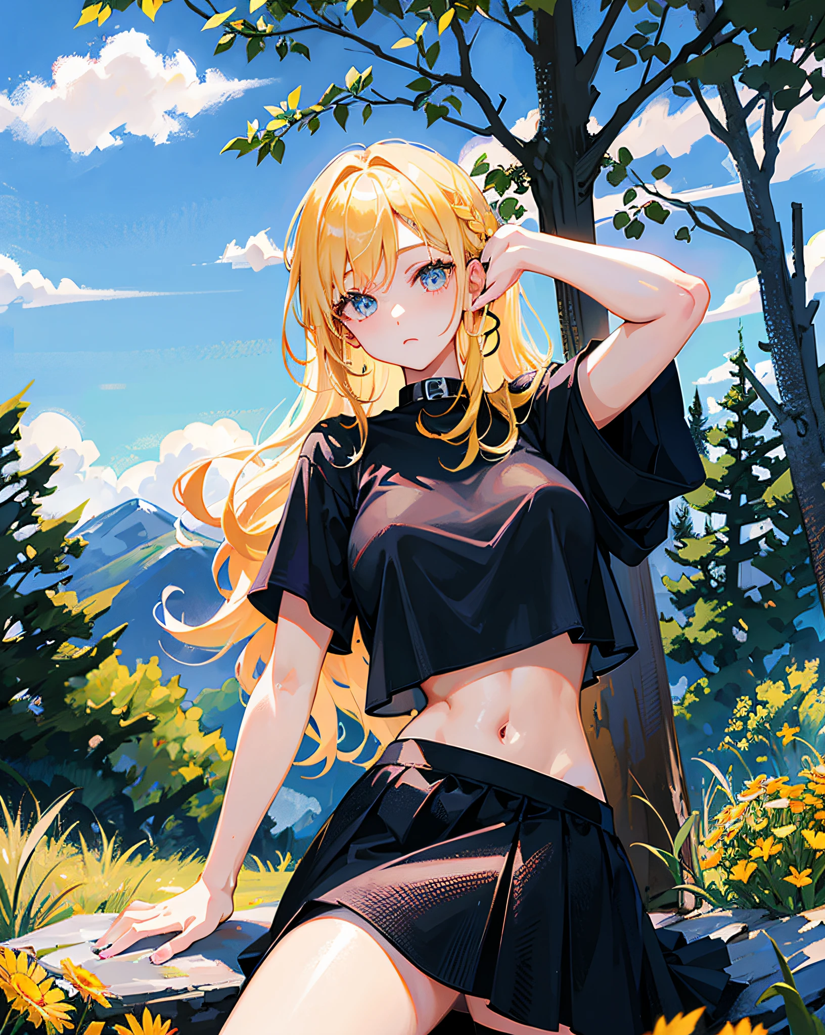 (Realistic painting style:1.0), Masterpiece, Best quality, absurderes, comic strip, illustration,
1 girl, Long hair, Cute girl, young and cute girl, Korean girl, {Breasts}, Hana,
A girl in a black dress sits on a rock next to a tree, wearing sexy cropped top, wearing crop top and miniskirt, Black top, wearing a black cropped tank top, Black skirt, a black choker,
Blonde, Blonde hair, blond hairbl,