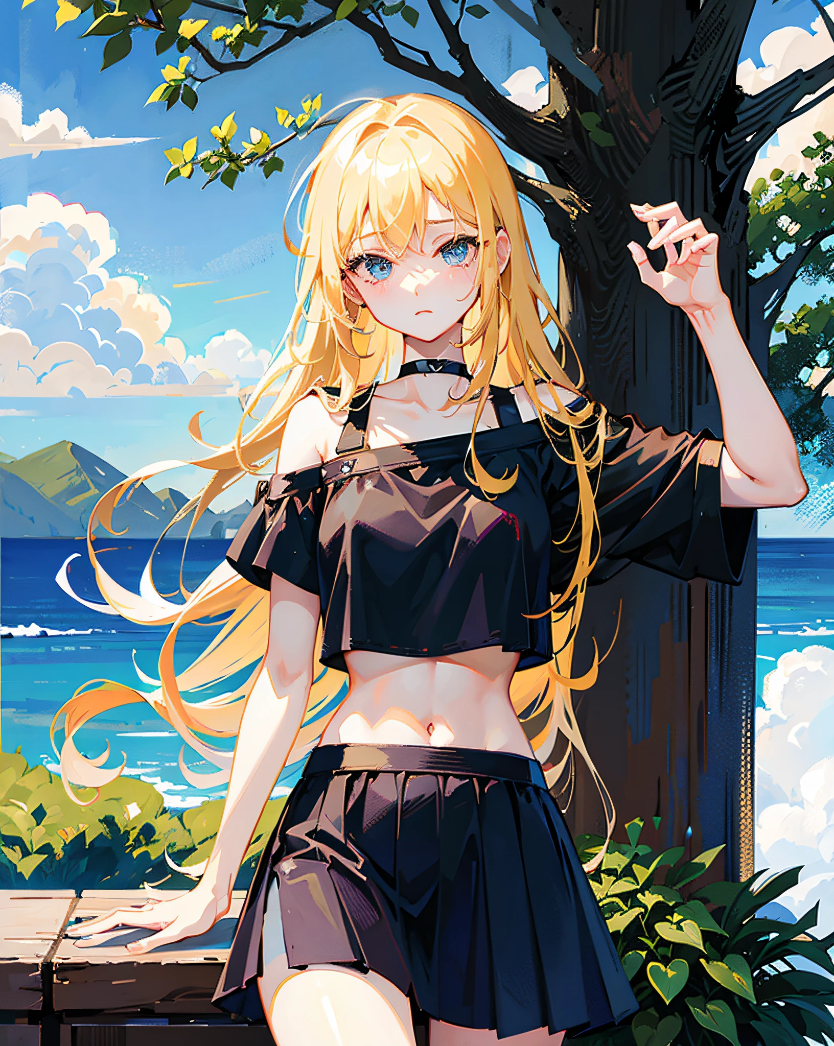 (Realistic painting style:1.0), Masterpiece, Best quality, absurderes, comic strip, illustration,
1 girl, Long hair, Cute girl, young and cute girl, Korean girl, {Breasts}, Hana,
A girl in a black dress sits on a rock next to a tree, wearing sexy cropped top, wearing crop top and miniskirt, Black top, wearing a black cropped tank top, Black skirt, a black choker,
Blonde, Blonde hair, blond hairbl,