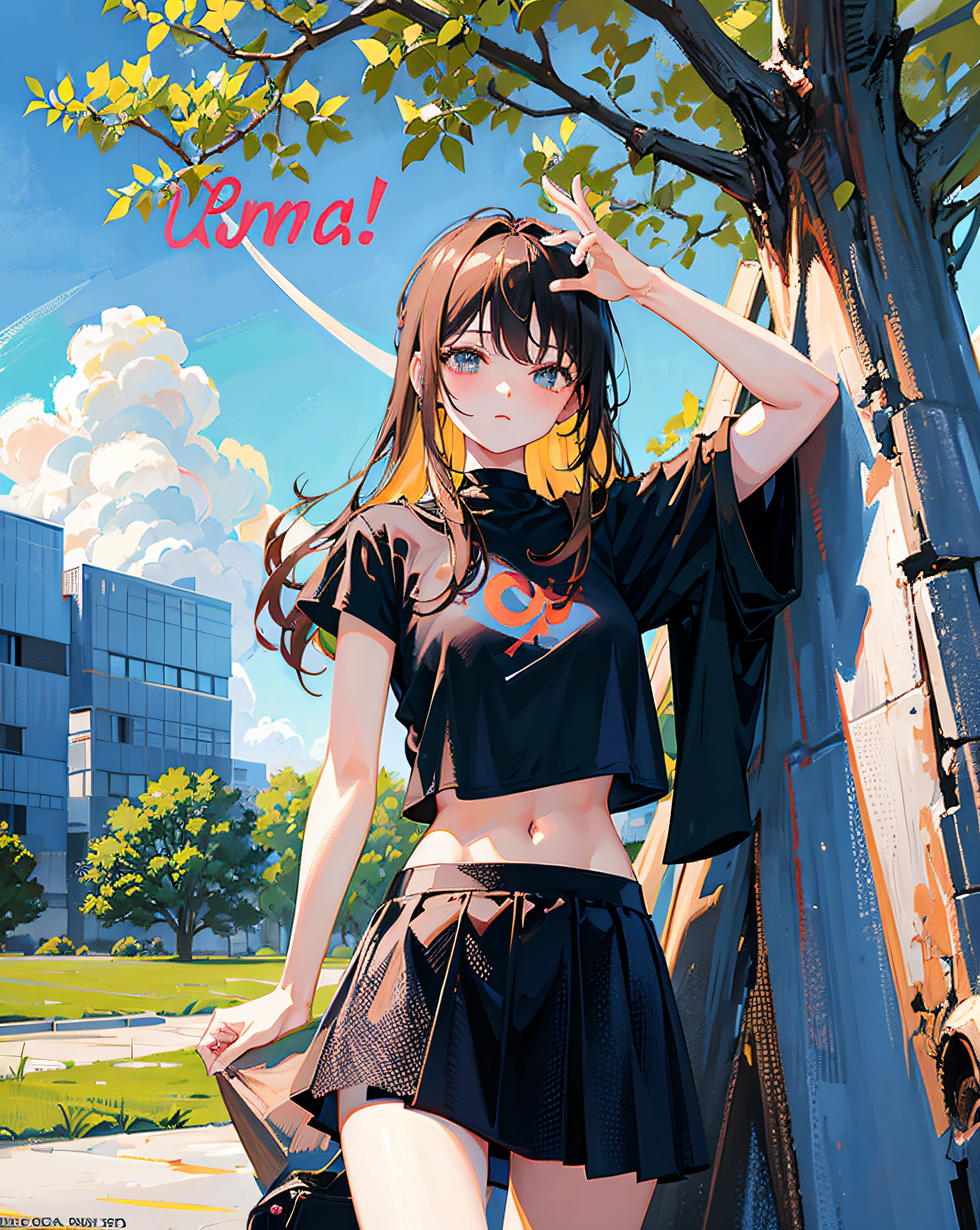(Realistic painting style:1.0), Masterpiece, Best quality, absurderes, comic strip, illustration,
1 girl, Long hair, Cute girl, young and cute girl, Korean girl, {Breasts}, Hana,
A girl in a black dress sits on a rock next to a tree, wearing sexy cropped top, wearing crop top and miniskirt, Black top, wearing a black cropped tank top, Black skirt, a black choker,
Blonde, Blonde hair, blond hairbl,