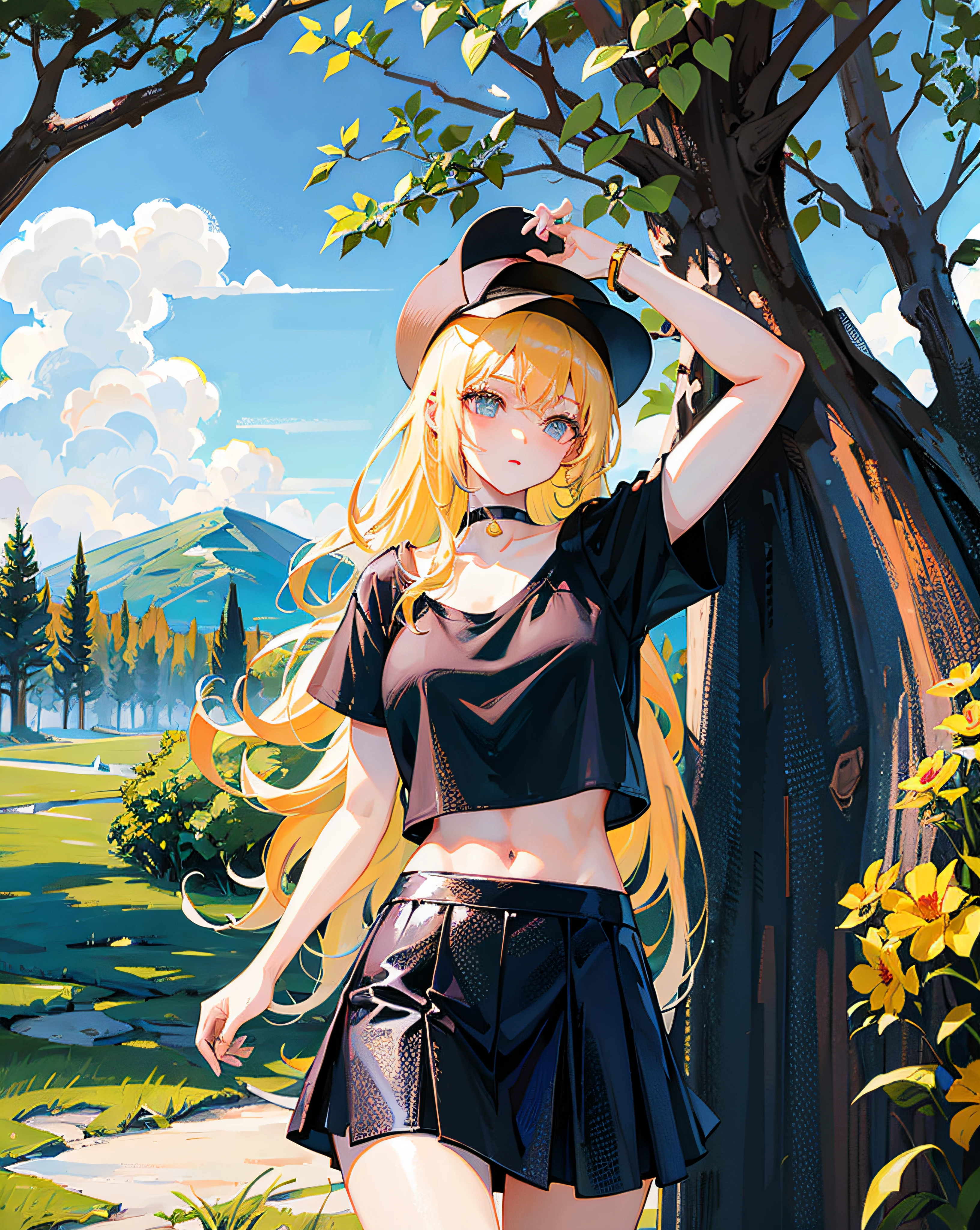 (Realistic painting style:1.0), Masterpiece, Best quality, absurderes, comic strip, illustration,
1 girl, Long hair, Cute girl, young and cute girl, Korean girl, {Breasts}, Hana,
A girl in a black dress sits on a rock next to a tree, wearing sexy cropped top, wearing crop top and miniskirt, Black top, wearing a black cropped tank top, Black skirt, a black choker,
Blonde, Blonde hair, blond hairbl,