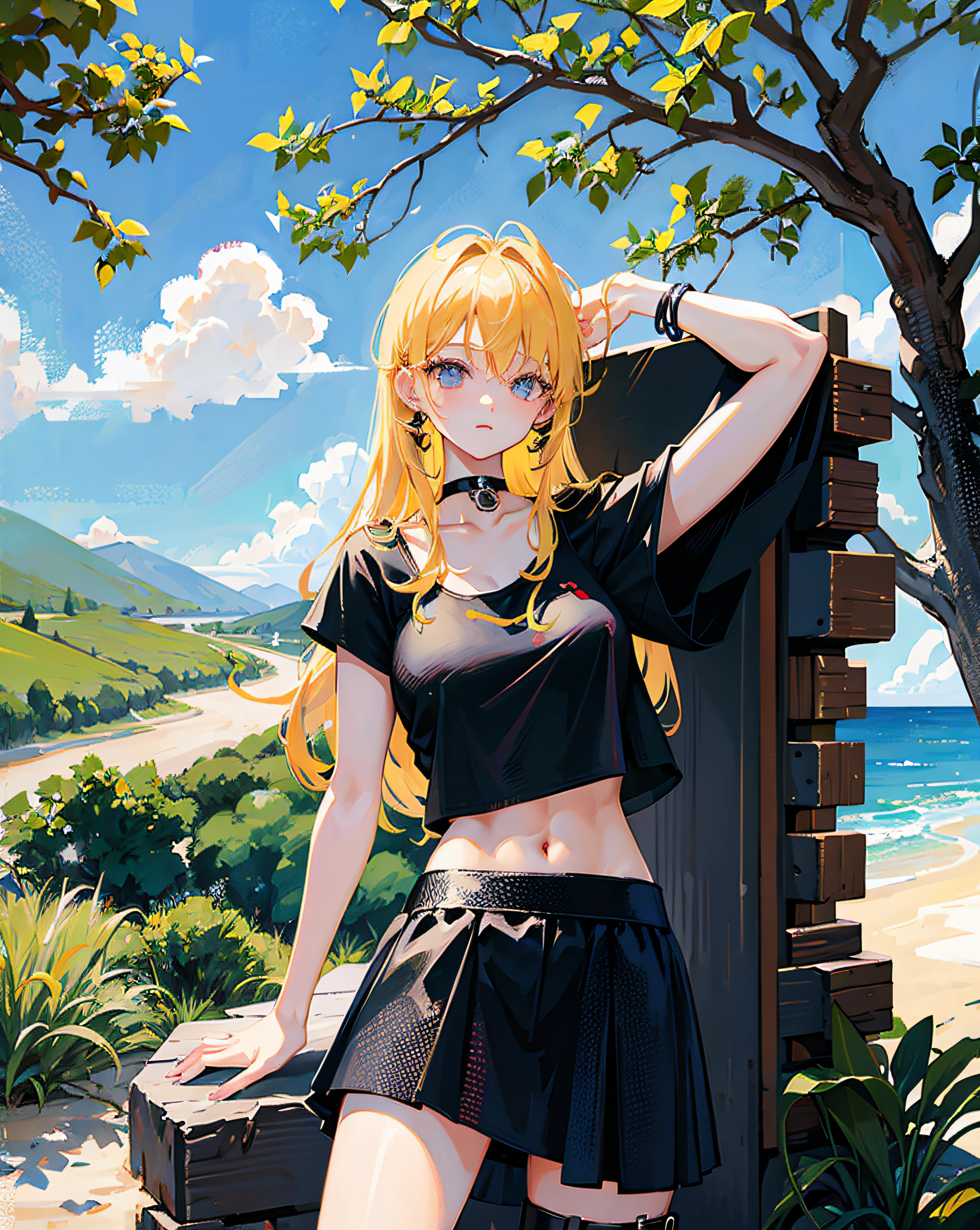 (Realistic painting style:1.0), Masterpiece, Best quality, absurderes, comic strip, illustration,
1 girl, Long hair, Cute girl, young and cute girl, Korean girl, {Breasts}, Hana,
A girl in a black dress sits on a rock next to a tree, wearing sexy cropped top, wearing crop top and miniskirt, Black top, wearing a black cropped tank top, Black skirt, a black choker,
Blonde, Blonde hair, blond hairbl,