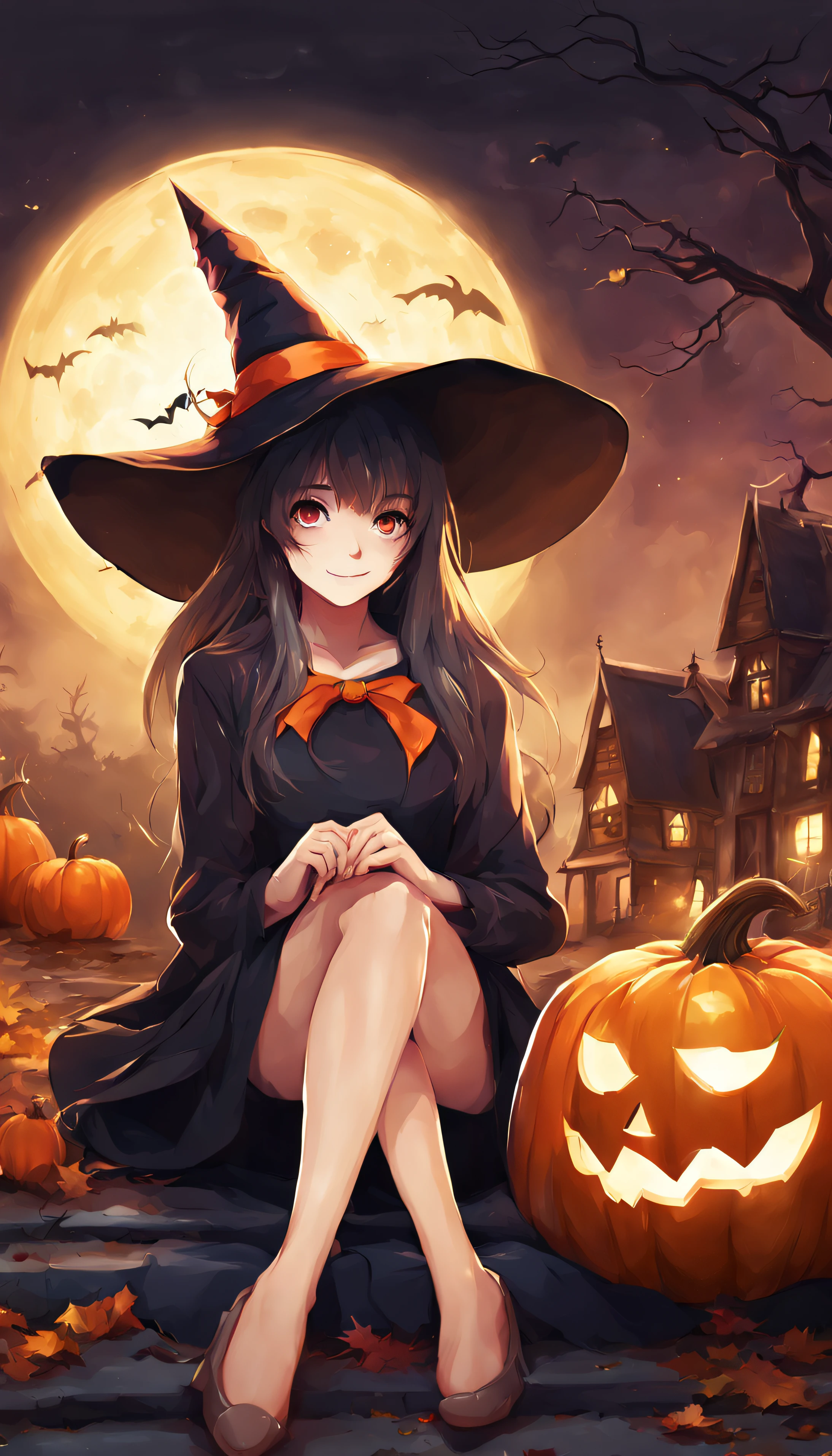 Anime girl sitting on the ground，With a pumpkin and a witch hat, halloween art style, halloween night, halloween theme, halloween celebration, adorable digital art, halloween scene, the witch, Halloween, halloween atmosphere, [ 4 K digital art ]!!, Trick or Treat, lovely digital painting, witch, bright witch, Cute detailed digital art, [ 4 K digital art