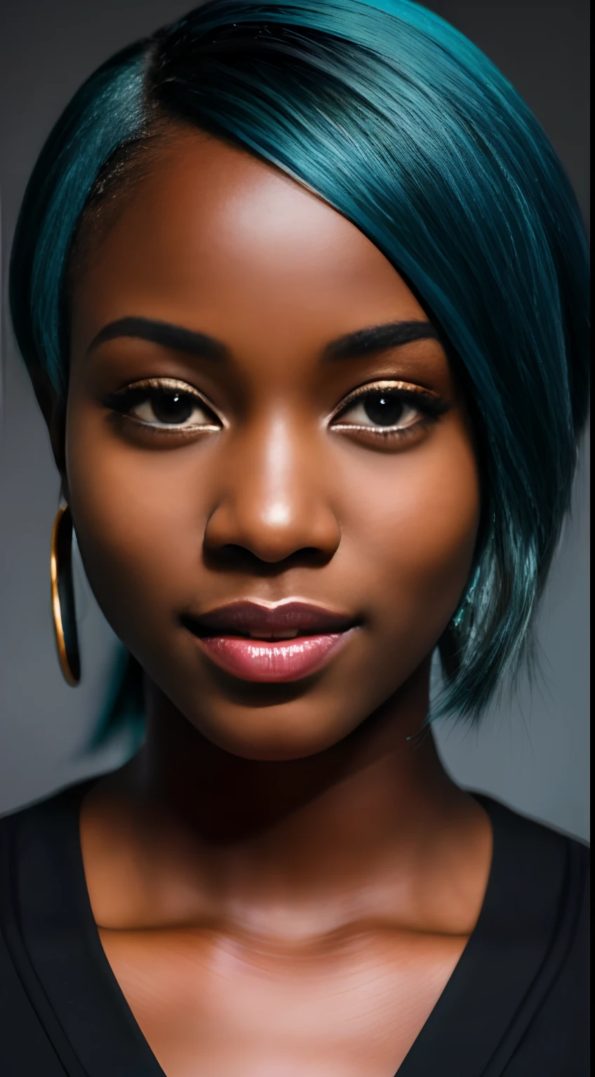(8k, RAW photo, highest quality), (1 girl), beautiful young ebony girl, teen, teal hair, teal eyes, smile, close up, (detailed eyes:0.8), (looking at the camera:1.4), (highest quality), (best shadow), intricate details, interior, dark studio, muted colors, (to8contrast style),