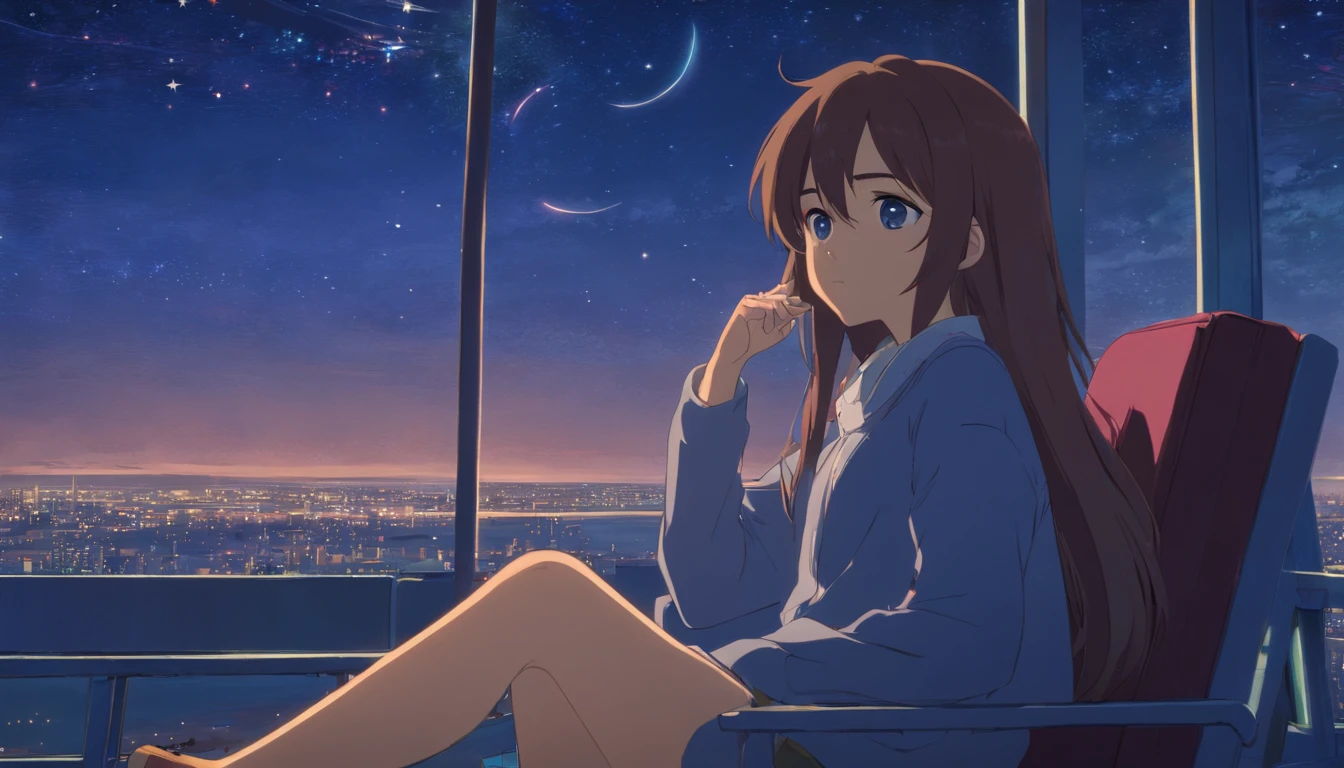 long hair girl,Elaborate Eyes,natta,sit on chair,looking at the stars,Solitude,sad