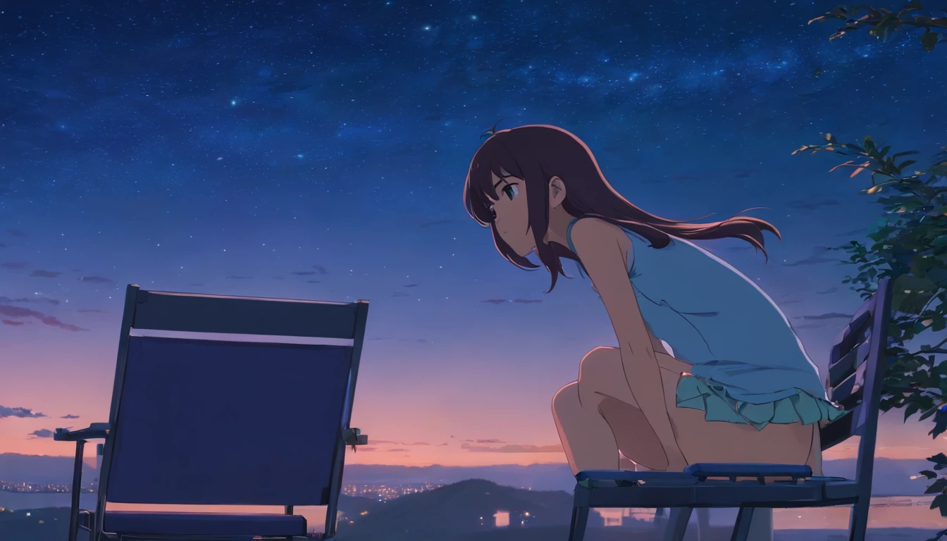long hair girl,Elaborate Eyes,natta,sit on chair,looking at the stars,Solitude,sad
