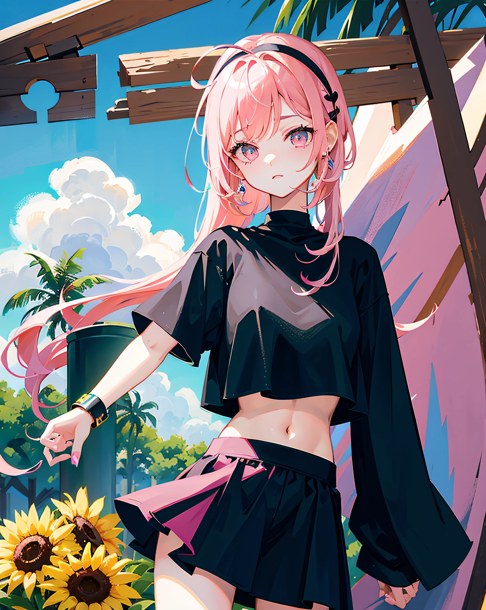 (Realistic painting style:1.0), Masterpiece, Best quality, absurderes, comic strip, illustration,
1 girl, Long hair, Cute girl, young and cute girl, Korean girl, {Breasts}, Hana, 
A girl in a black dress sits on a rock next to a tree, wearing sexy cropped top, wearing crop top and miniskirt, Black top, wearing a black cropped tank top, Black skirt, a black choker, 
Pink hair, Pink hair, with pink hair, with pink hair,