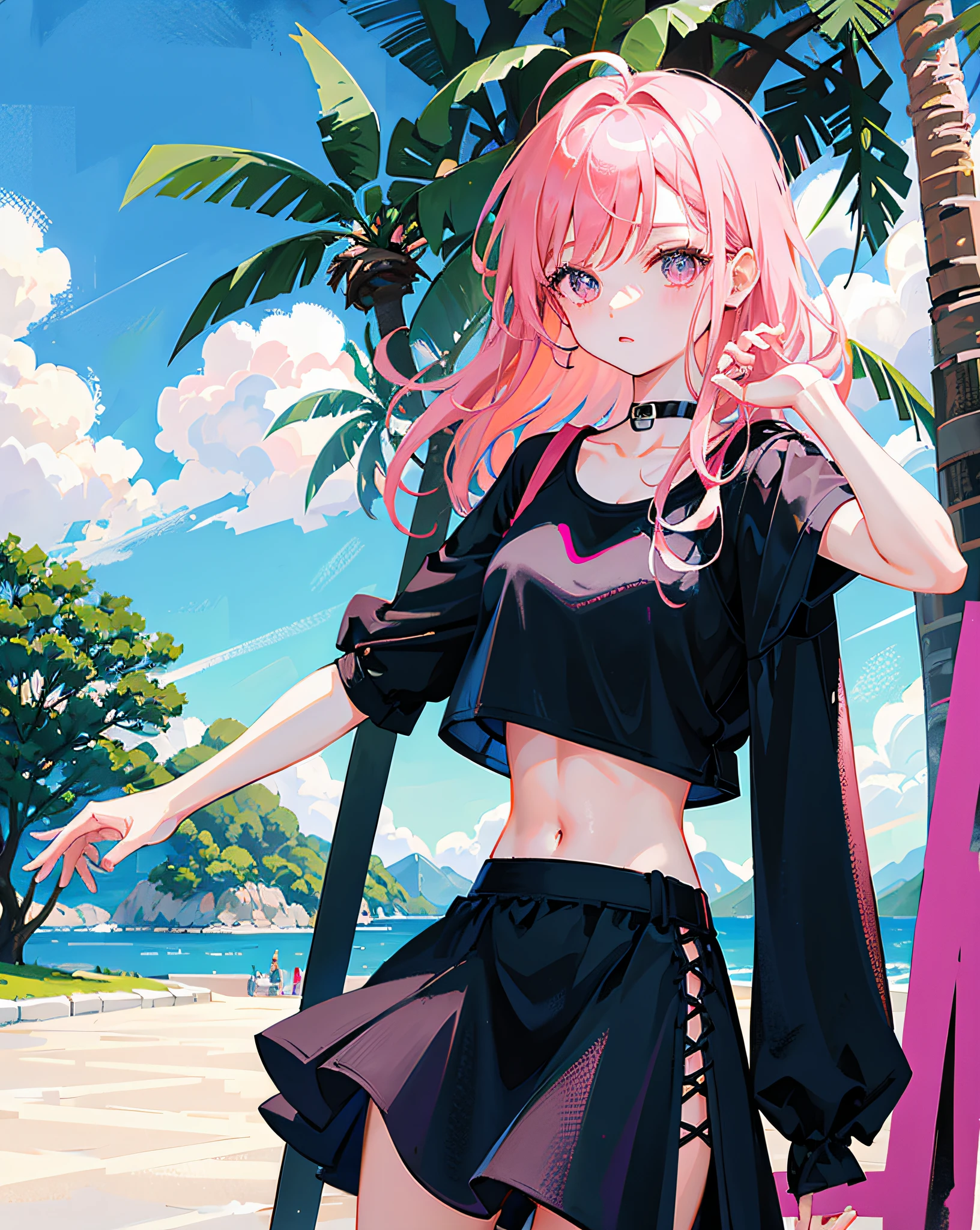 (Realistic painting style:1.0), Masterpiece, Best quality, absurderes, comic strip, illustration,
1 girl, Long hair, Cute girl, young and cute girl, Korean girl, {Breasts}, Hana,
A girl in a black dress sits on a rock next to a tree, wearing sexy cropped top, wearing crop top and miniskirt, Black top, wearing a black cropped tank top, Black skirt, a black choker,
Pink hair, Pink hair, with pink hair, with pink hair,