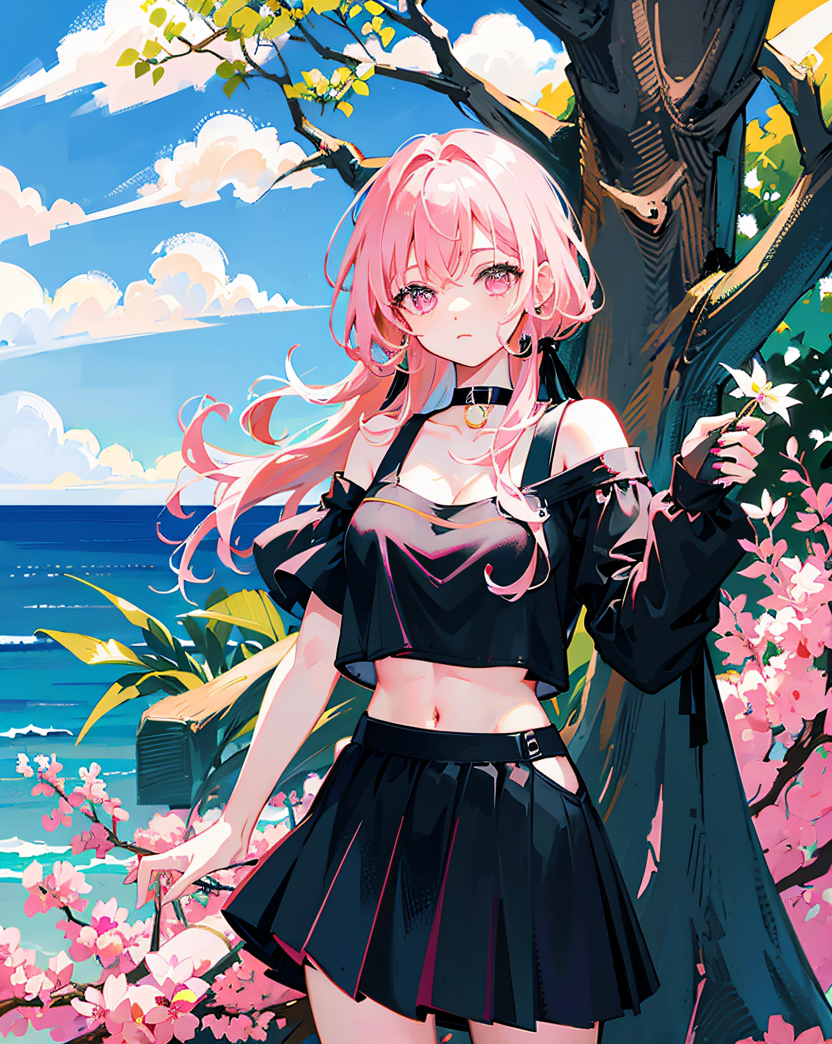(Realistic painting style:1.0), Masterpiece, Best quality, absurderes, comic strip, illustration,
1 girl, Long hair, Cute girl, young and cute girl, Korean girl, {Breasts}, Hana,
A girl in a black dress sits on a rock next to a tree, wearing sexy cropped top, wearing crop top and miniskirt, Black top, wearing a black cropped tank top, Black skirt, a black choker,
Pink hair, Pink hair, with pink hair, with pink hair,