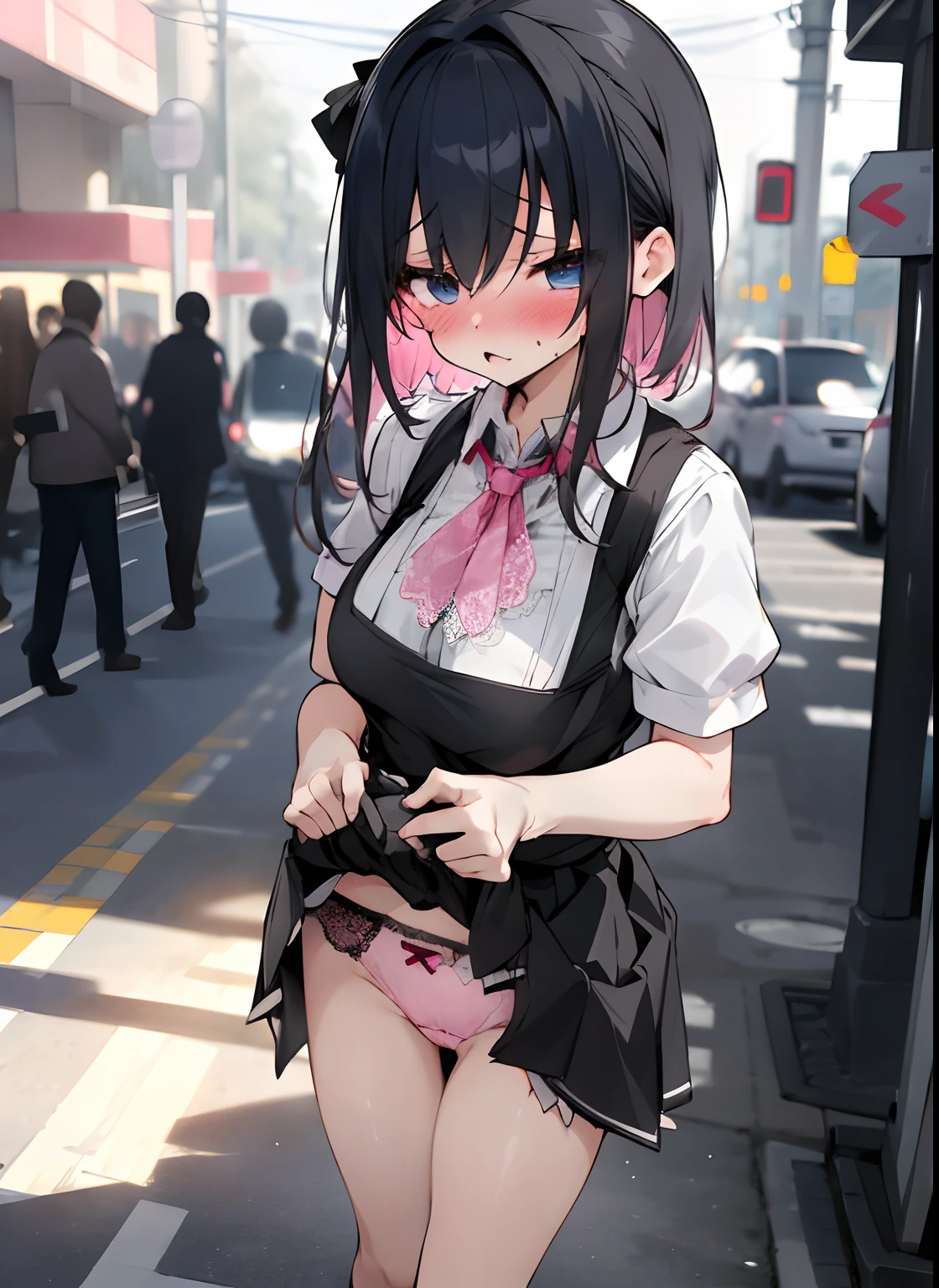 a miniskirt、girl with(Skirt lift with both hands)、In the street、embarrassed from、blushed face、walk、Attention、Colossal tits、garters、Lots of passers-by、Pink lace underwear(with rotor)、rotor、convulsion