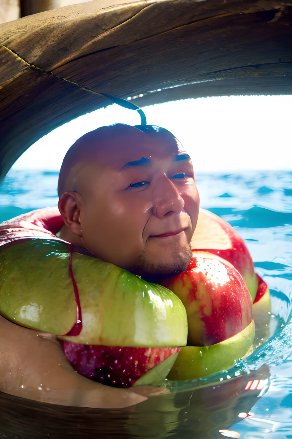 Big fat guy， Eat apples under the water， Apples are the size of a human head， Apples have blood