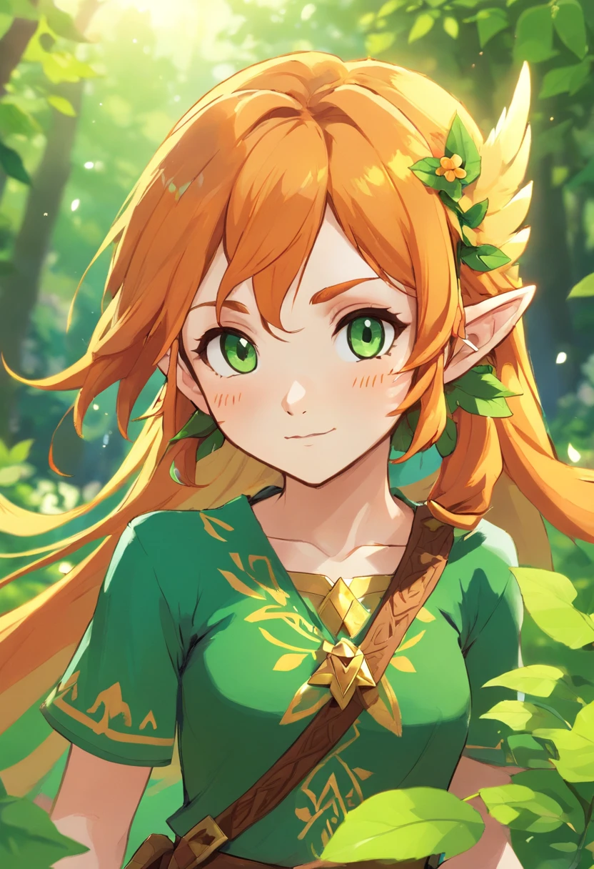 A female OC hylian with bright orange hair and freckles. Her hair is winged out with leaves in it.