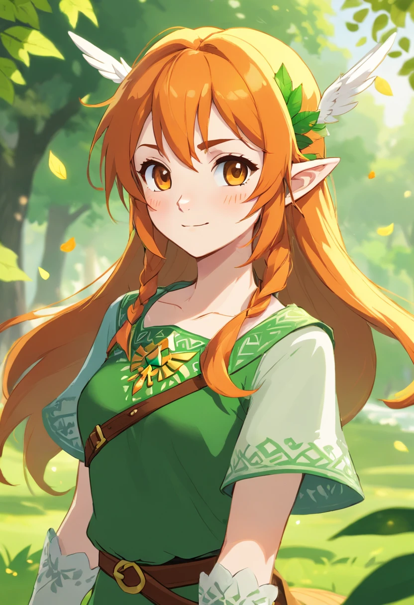 A female OC hylian with bright orange hair and freckles. Her hair is winged out with leaves in it.