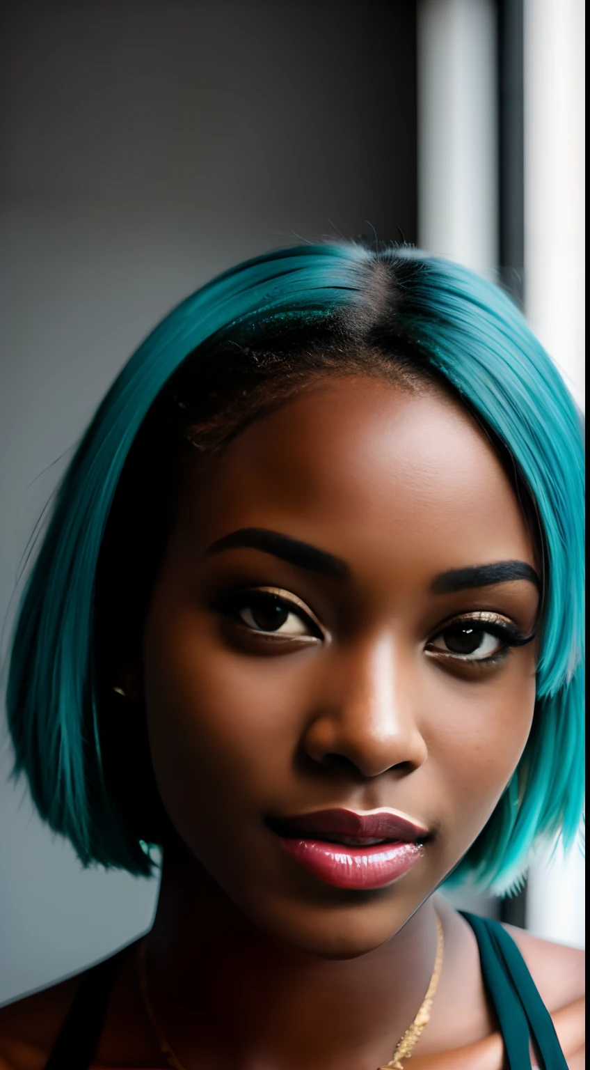 (8k, RAW photo, highest quality), (1 girl), beautiful young ebony girl, , teal hair, teal eyes, smile, close up, (detailed eyes:0.8), (looking at the camera:1.4), (highest quality), (best shadow), intricate details, interior, dark studio, muted colors, (to8contrast style),