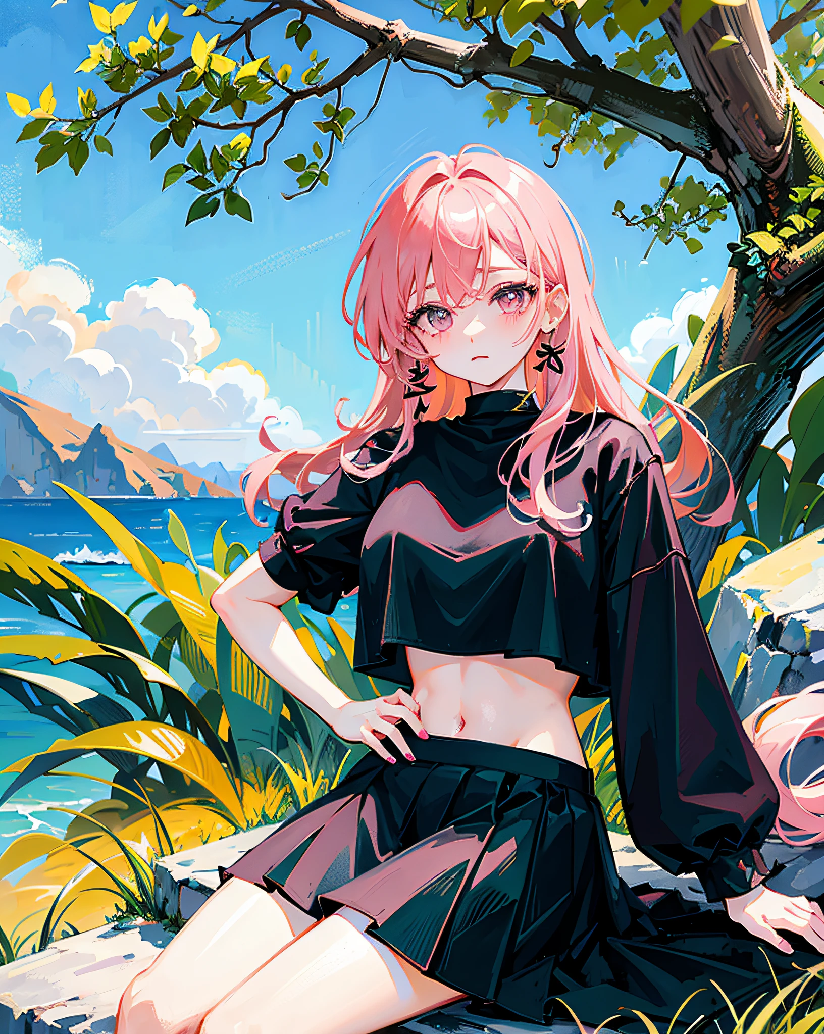(Realistic painting style:1.0), Masterpiece, Best quality, absurderes, comic strip, illustration,
1 girl, Long hair, Cute girl, young and cute girl, Korean girl, {Breasts}, Hana, 
A girl in a black dress sits on a rock next to a tree, wearing sexy cropped top, wearing crop top and miniskirt, Black top, wearing a black cropped tank top, Black skirt, a black choker, 
Pink hair, Pink hair, with pink hair, with pink hair,