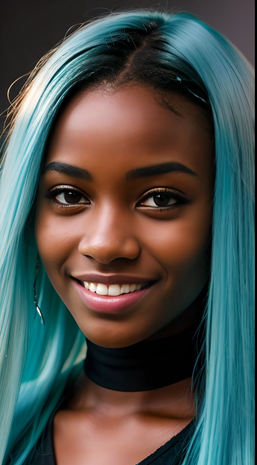 (8k, RAW photo, highest quality), (1 girl), beautiful young ebony girl, , teal hair, teal eyes, smile, close up, (detailed eyes:0.8), (looking at the camera:1.4), (highest quality), (best shadow), intricate details, interior, dark studio, muted colors, (to8contrast style),