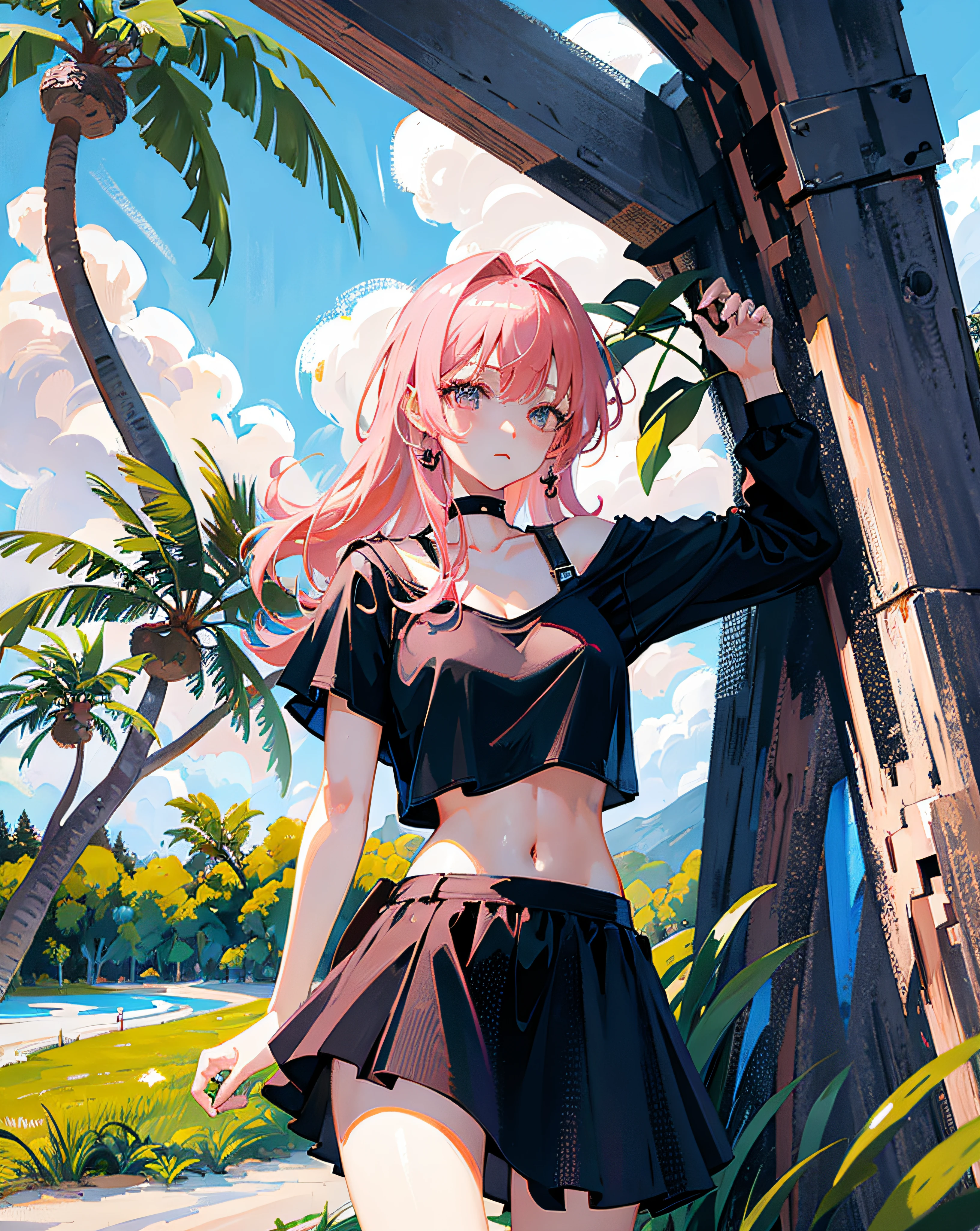 (Realistic painting style:1.0), Masterpiece, Best quality, absurderes, comic strip, illustration,
1 girl, Long hair, Cute girl, young and cute girl, Korean girl, {Breasts}, Hana,
A girl in a black dress sits on a rock next to a tree, wearing sexy cropped top, wearing crop top and miniskirt, Black top, wearing a black cropped tank top, Black skirt, a black choker,
Pink hair, Pink hair, with pink hair, with pink hair,