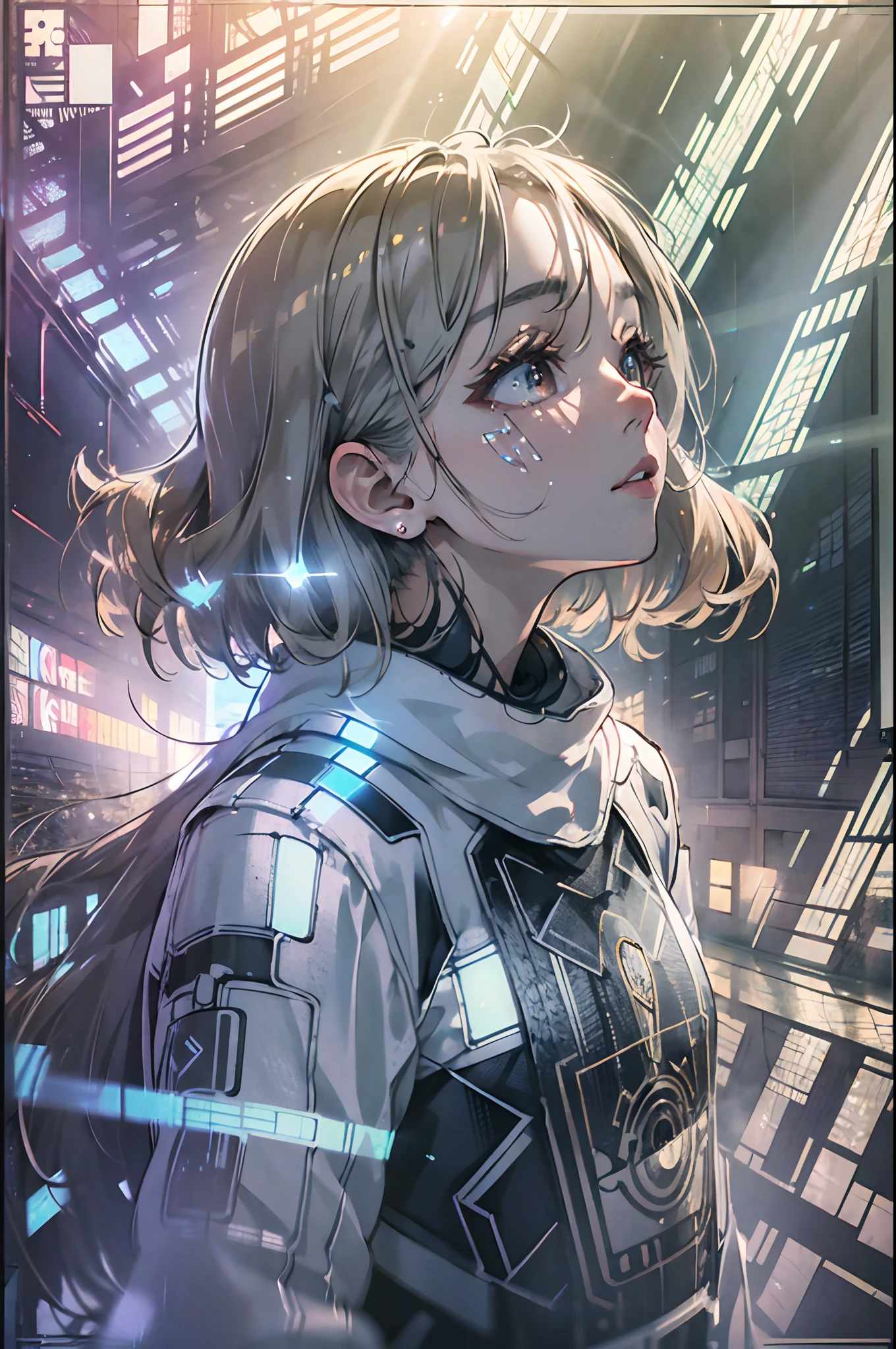 (award winning 64k concept art:1.3) of (young woman looking up standing over the valley:1.2), close to camera, in white jacket, sweet, front, epic, god rays, (masterpiece:1.4), (best quality:1.4), Amazing, beautiful, finely detailed, warm soft color grading, (Depth of field:1.4), 64k, fine art, stunning, (light reflections:1.2), (crisp:1.6), gold short curls, vibrant, (edge detection:1.4), absurdres, impressive, 120mm, extremely clear, lens flare, symmetrical clothes, wide shot, wide angle