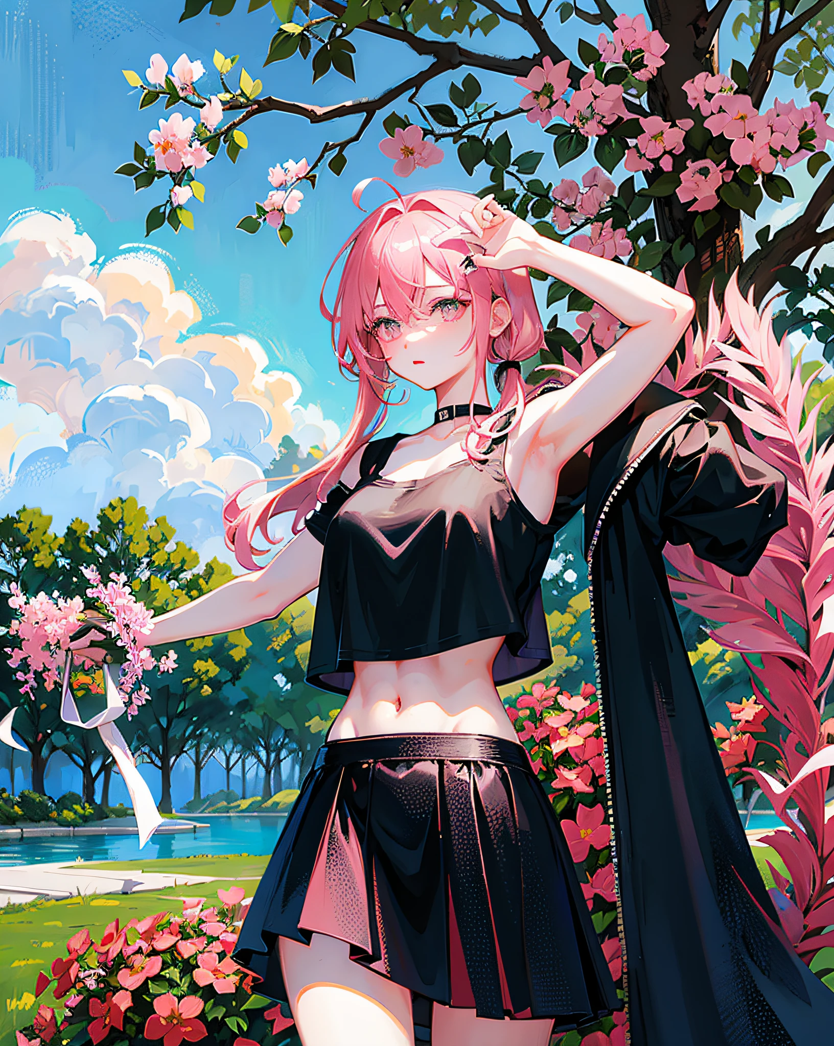 (Realistic painting style:1.0), Masterpiece, Best quality, absurderes, comic strip, illustration,
1 girl, Long hair, Cute girl, young and cute girl, Korean girl, {Breasts}, Hana, 
A girl in a black dress sits on a rock next to a tree, wearing sexy cropped top, wearing crop top and miniskirt, Black top, wearing a black cropped tank top, Black skirt, a black choker, 
Pink hair, Pink hair, with pink hair, with pink hair,