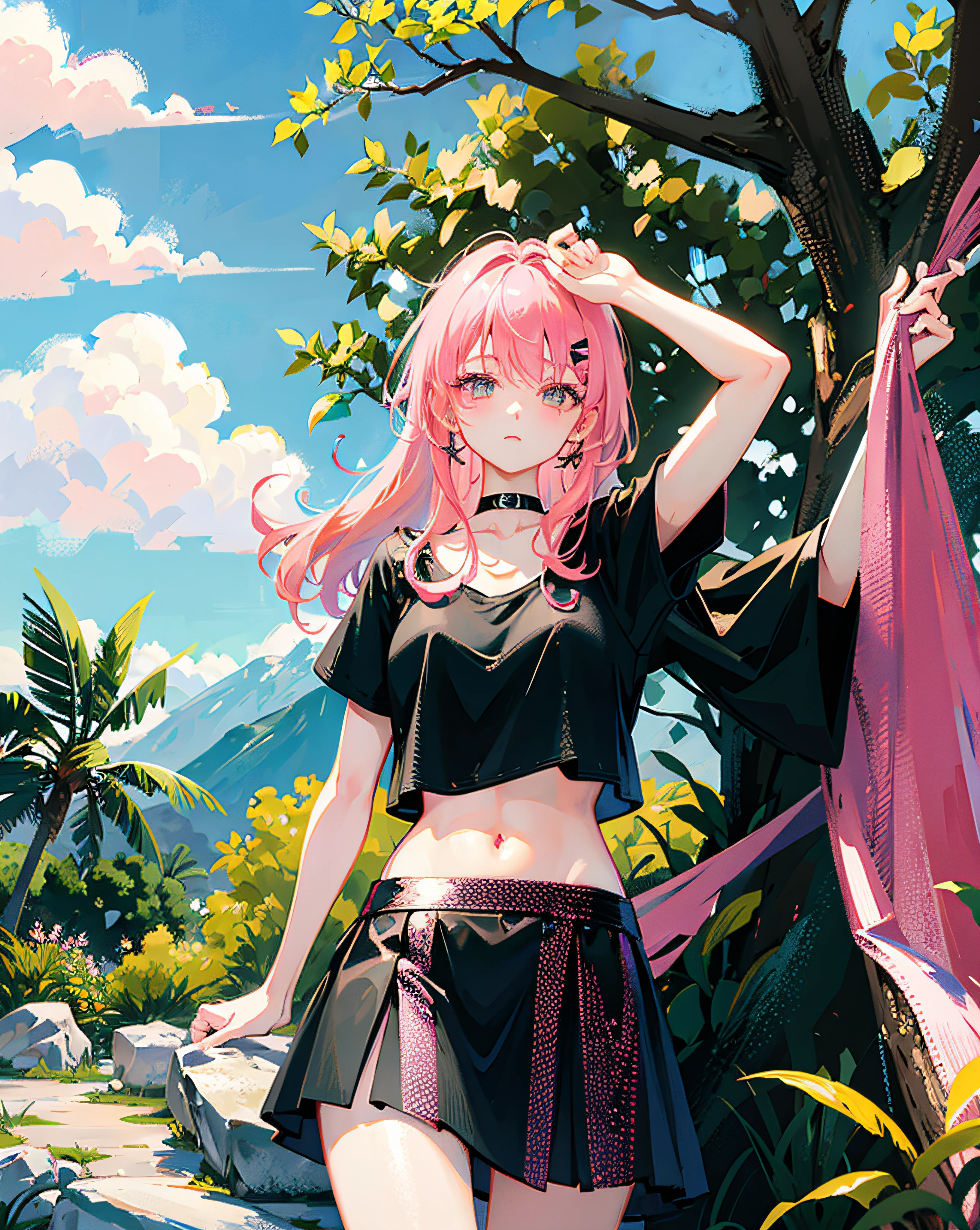 (Realistic painting style:1.0), Masterpiece, Best quality, absurderes, comic strip, illustration,
1 girl, Long hair, Cute girl, young and cute girl, Korean girl, {Breasts}, Hana, 
A girl in a black dress sits on a rock next to a tree, wearing sexy cropped top, wearing crop top and miniskirt, Black top, wearing a black cropped tank top, Black skirt, a black choker, 
Pink hair, Pink hair, with pink hair, with pink hair,