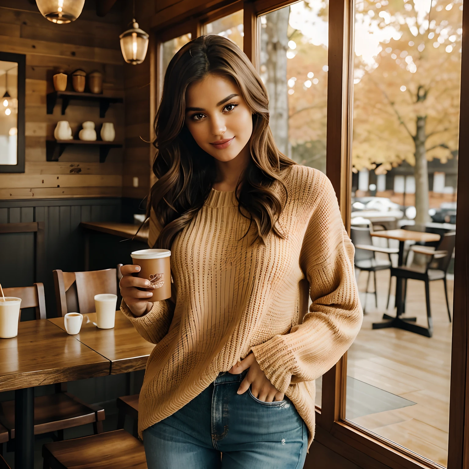 Generate a series of heartwarming photographs of Autumn, the captivating influencer, as she indulges in the seasonal delight of a spiced latte. Autumn should appear in her mid-20s, standing approximately 5'4" tall, with long, wavy chestnut hair gracefully draping over her shoulders. Her athletic hourglass figure is accentuated by her full bust, and her complexion boasts a flawless, sun-kissed tan. Autumn's expressive brown eyes exude charisma, and she carries herself with a relaxed and confident demeanor.

Autumn's outfit should embody cozy chicness, reflecting her impeccable style. She wears a soft, oversized sweater in a warm, inviting color, paired with snug-fitting, high-waisted jeans. This ensemble should create a sense of comfort and sophistication.

The photoshoot takes place in a charming, rustic coffee shop adorned with autumnal decor. The setting should envelop Autumn in the warmth of fall, with soft, diffused lighting that adds to the inviting ambiance. Surroundings should include cozy seating, rustic wooden tables, and the rich aroma of freshly brewed coffee in the air.

Autumn is captured in candid moments, enjoying her spiced latte. These shots should reflect the coziness and tranquility of the coffee shop, as she sips the warm beverage, perhaps gazing out of the window lost in thought or sharing a bright smile. The photography should embrace natural lighting, creating an inviting atmosphere that captures the essence of Autumn's delightful coffee experience.

Intense makeup, cozy ambiance, symmetrical eyes, symmetrical face, photorealistic, photography, path tracing, specular lighting, volumetric face light, path-traced hair, visible shadows, intricate, elaborate, hyper-realistic.