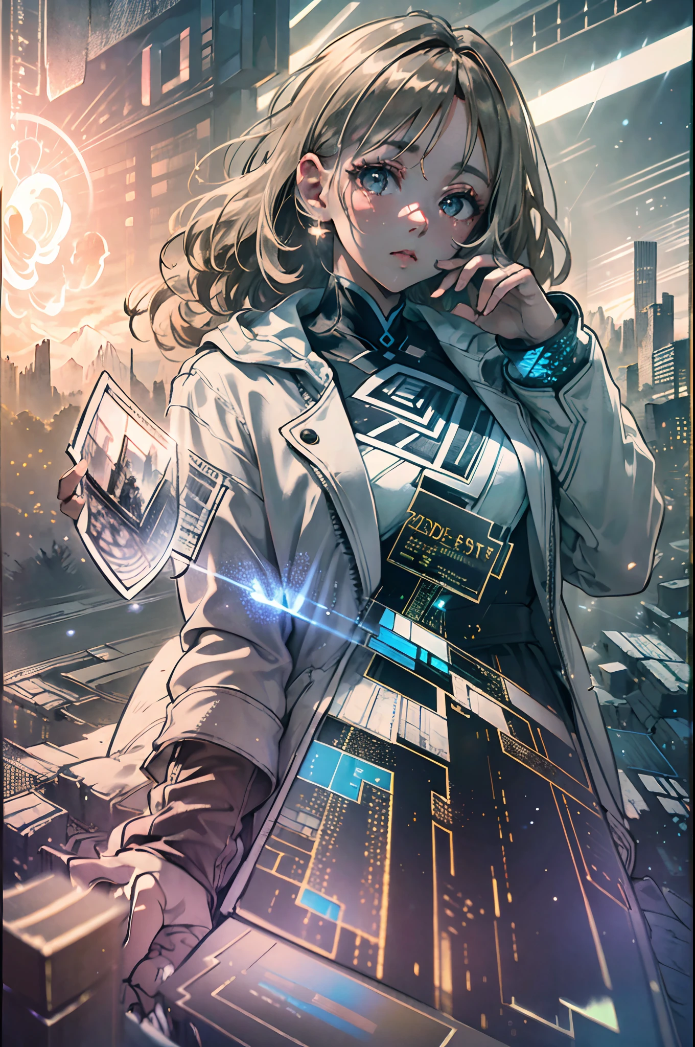 (award winning 64k concept art:1.3) of (young woman looking up standing over the valley:1.2), close to camera, in white jacket, sweet, front, epic, god rays, (masterpiece:1.4), (best quality:1.4), Amazing, beautiful, finely detailed, warm soft color grading, (Depth of field:1.4), 64k, fine art, stunning, (light reflections:1.2), (crisp:1.6), gold short curls, vibrant, (edge detection:1.4), absurdres, impressive, 120mm, extremely clear, lens flare, symmetrical clothes, wide shot, wide angle