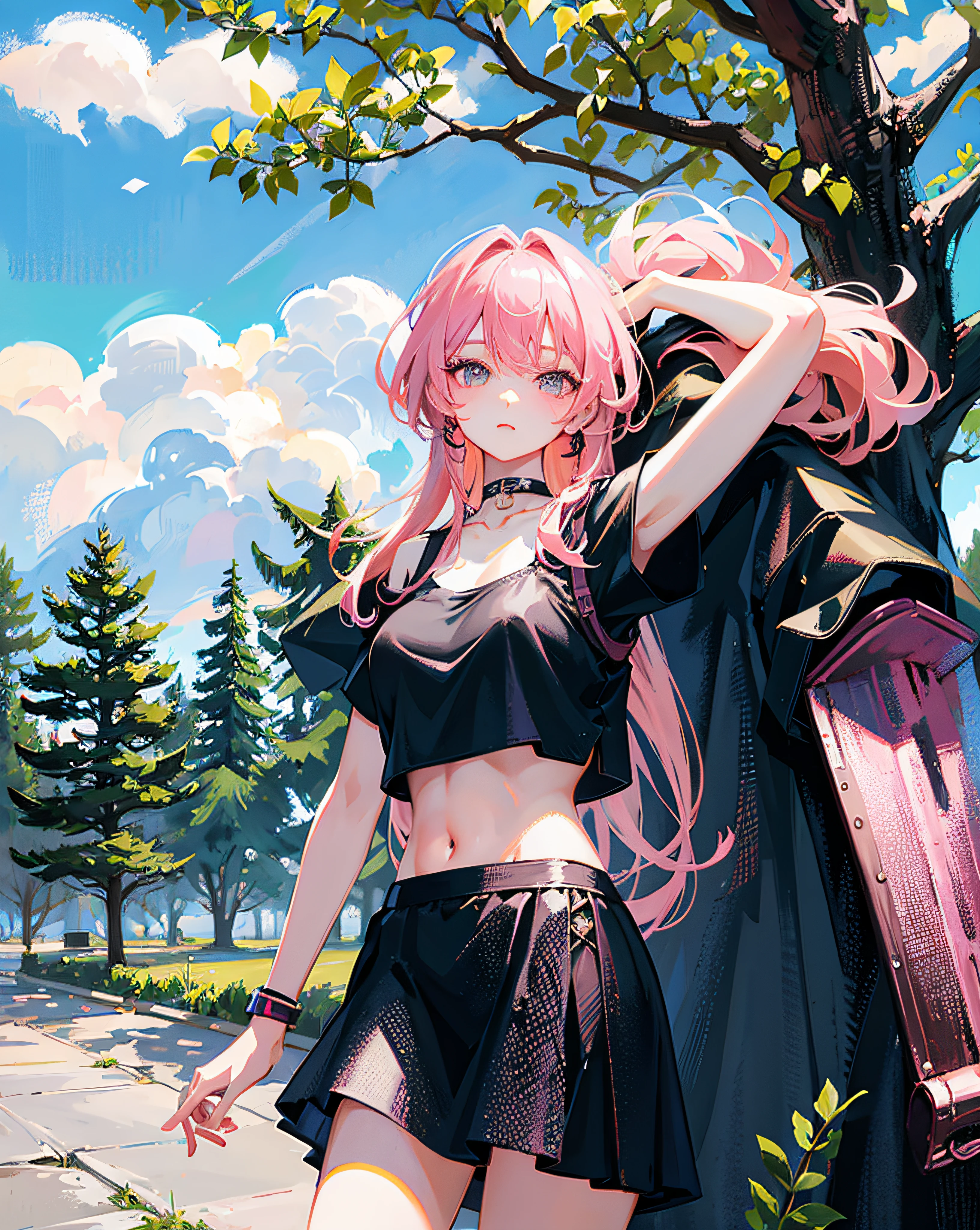 (Realistic painting style:1.0), Masterpiece, Best quality, absurderes, comic strip, illustration,
1 girl, Long hair, Cute girl, young and cute girl, Korean girl, {Breasts}, Hana,
A girl in a black dress sits on a rock next to a tree, wearing sexy cropped top, wearing crop top and miniskirt, Black top, wearing a black cropped tank top, Black skirt, a black choker,
Pink hair, Pink hair, with pink hair, with pink hair,