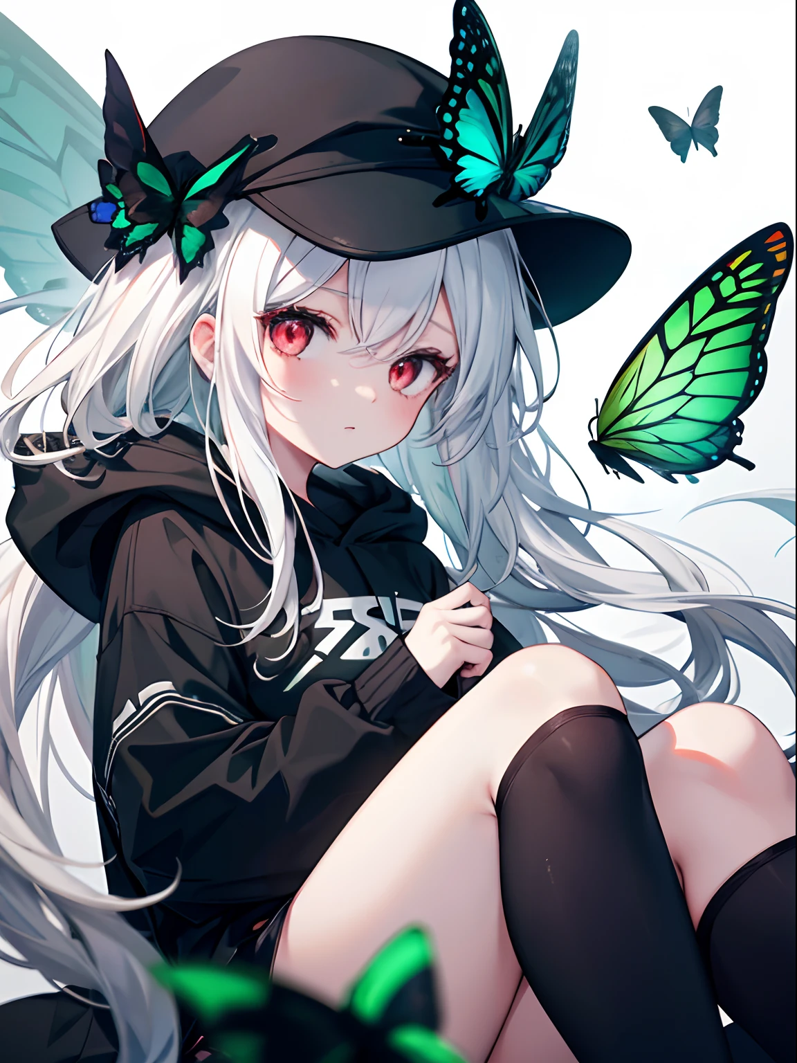 {high quality}, 1girl, {red eyes}, {white hair}, {black and green hoodie}, {black hat}, {multiple green butterflies flying},