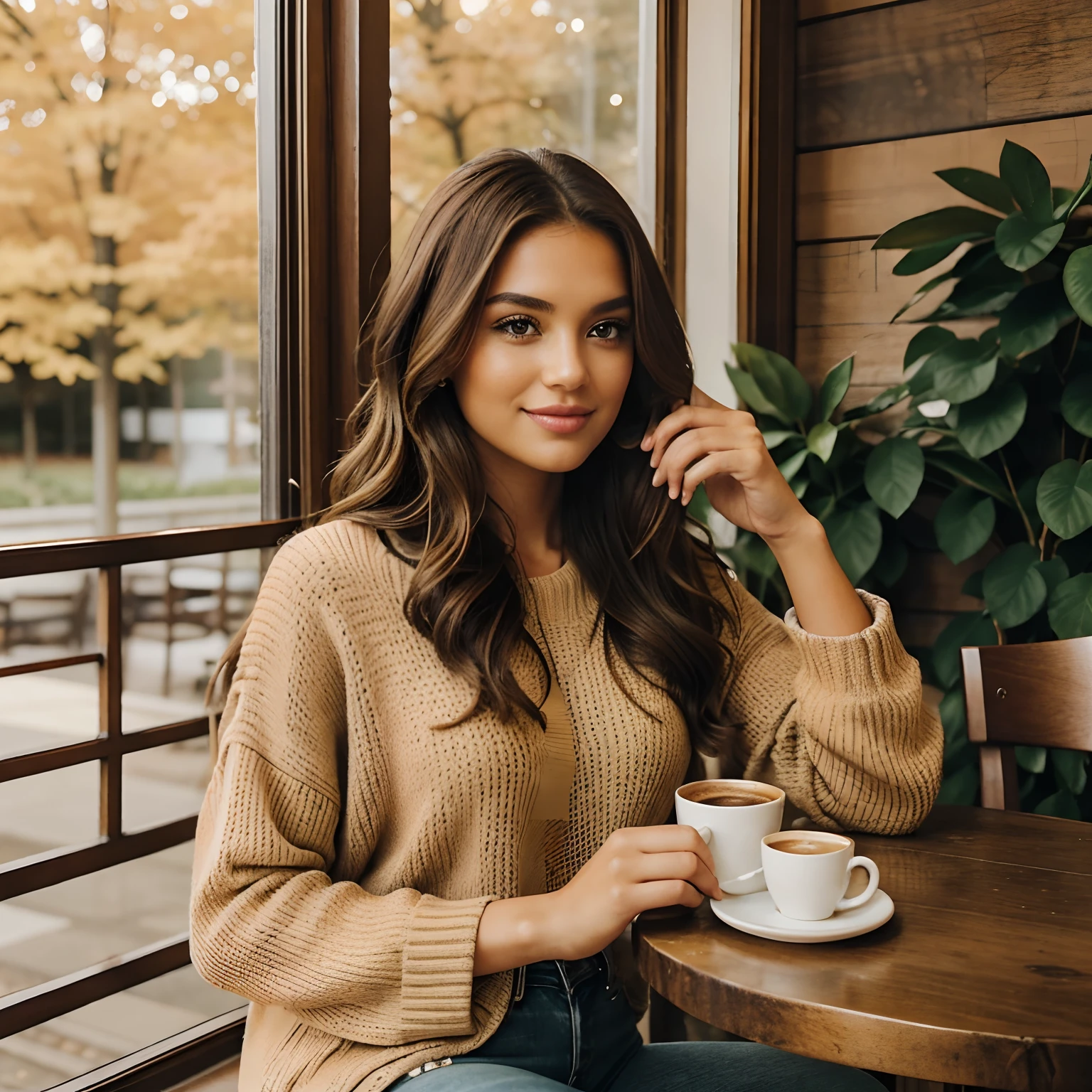 Generate a series of heartwarming photographs of Autumn, the captivating influencer, as she indulges in the seasonal delight of a spiced latte. Autumn should appear in her mid-20s, standing approximately 5'4" tall, with long, wavy chestnut hair gracefully draping over her shoulders. Her athletic hourglass figure is accentuated by her full bust, and her complexion boasts a flawless, sun-kissed tan. Autumn's expressive brown eyes exude charisma, and she carries herself with a relaxed and confident demeanor.
Autumn's outfit should embody cozy chicness, reflecting her impeccable style. She wears a soft, oversized sweater in a warm, inviting color, paired with snug-fitting, high-waisted jeans. This ensemble should create a sense of comfort and sophistication.
The photoshoot takes place in a charming, rustic coffee shop adorned with autumnal decor. The setting should envelop Autumn in the warmth of fall, with soft, diffused lighting that adds to the inviting ambiance. Surroundings should include cozy seating, rustic wooden tables, and the rich aroma of freshly brewed coffee in the air.
Autumn is captured in candid moments, enjoying her spiced latte. These shots should reflect the coziness and tranquility of the coffee shop, as she sips the warm beverage, perhaps gazing out of the window lost in thought or sharing a bright smile. The photography should embrace natural lighting, creating an inviting atmosphere that captures the essence of Autumn's delightful coffee experience.
Intense makeup, cozy ambiance, symmetrical eyes, symmetrical face, photorealistic, photography, path tracing, specular lighting, volumetric face light, path-traced hair, visible shadows, intricate, elaborate, hyper-realistic.