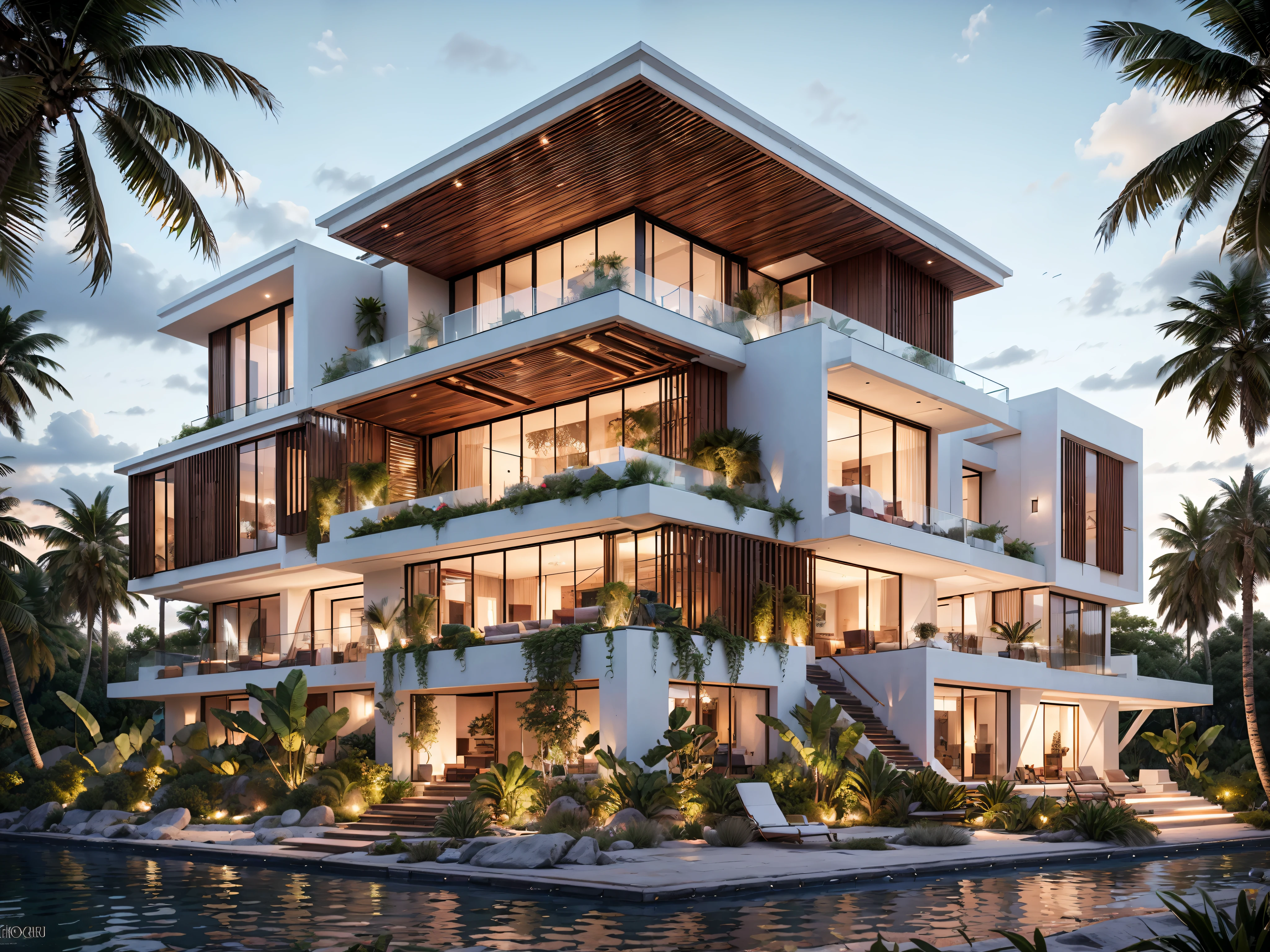 Boho house, luxury beach front Caribbean luxury villa, glass open space loft villa with roof garden, modern, dynamic (RAW photo, real, best quality, masterpiece:1.2), (hyper realistic, photo-realistic:1.2), high quality, (dark lighting:1.2), perfect lighting, archdaily, architecture digest award wining sustainable architecture, cinematic