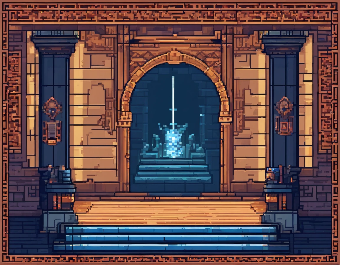 "Create a mystical dungeon room with blue stone tiles. The center of the room features an ornate, large door with intricate designs. On either side of the door, there are tall, glowing blue pillars emitting a soft, luminescent light that bathes the room in a serene glow. The walls are adorned with ancient runes, and the atmosphere is filled with a sense of mystery and anticipation."