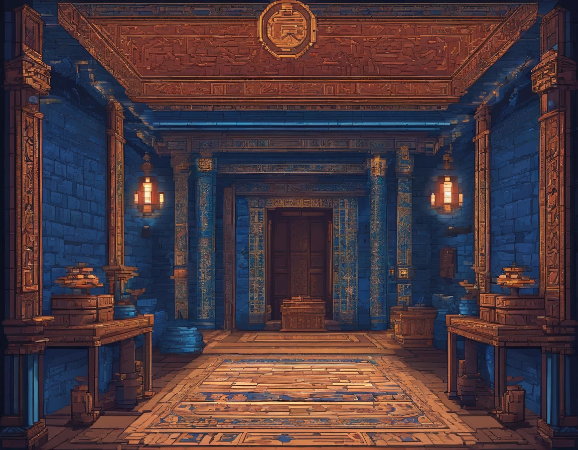 "Create a mystical dungeon room with blue stone tiles. The center of the room features an ornate, large door with intricate designs. On either side of the door, there are tall, glowing blue pillars emitting a soft, luminescent light that bathes the room in a serene glow. The walls are adorned with ancient runes, and the atmosphere is filled with a sense of mystery and anticipation."
