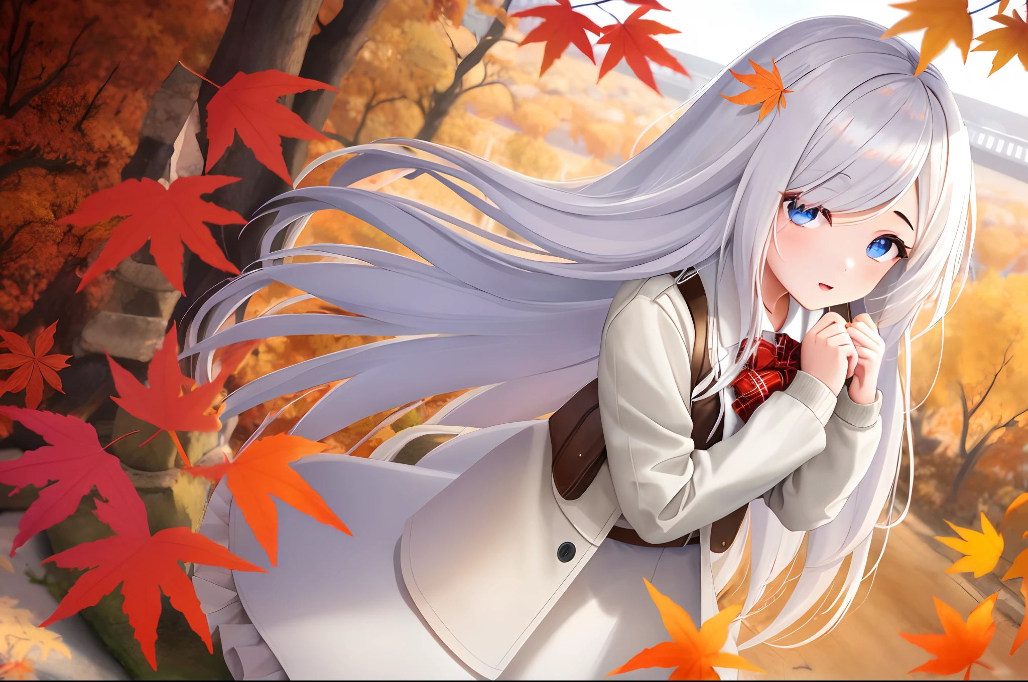 teens girl，white color hair，pupils，autumnal，Wallpapers，maple leaves，bridgehead