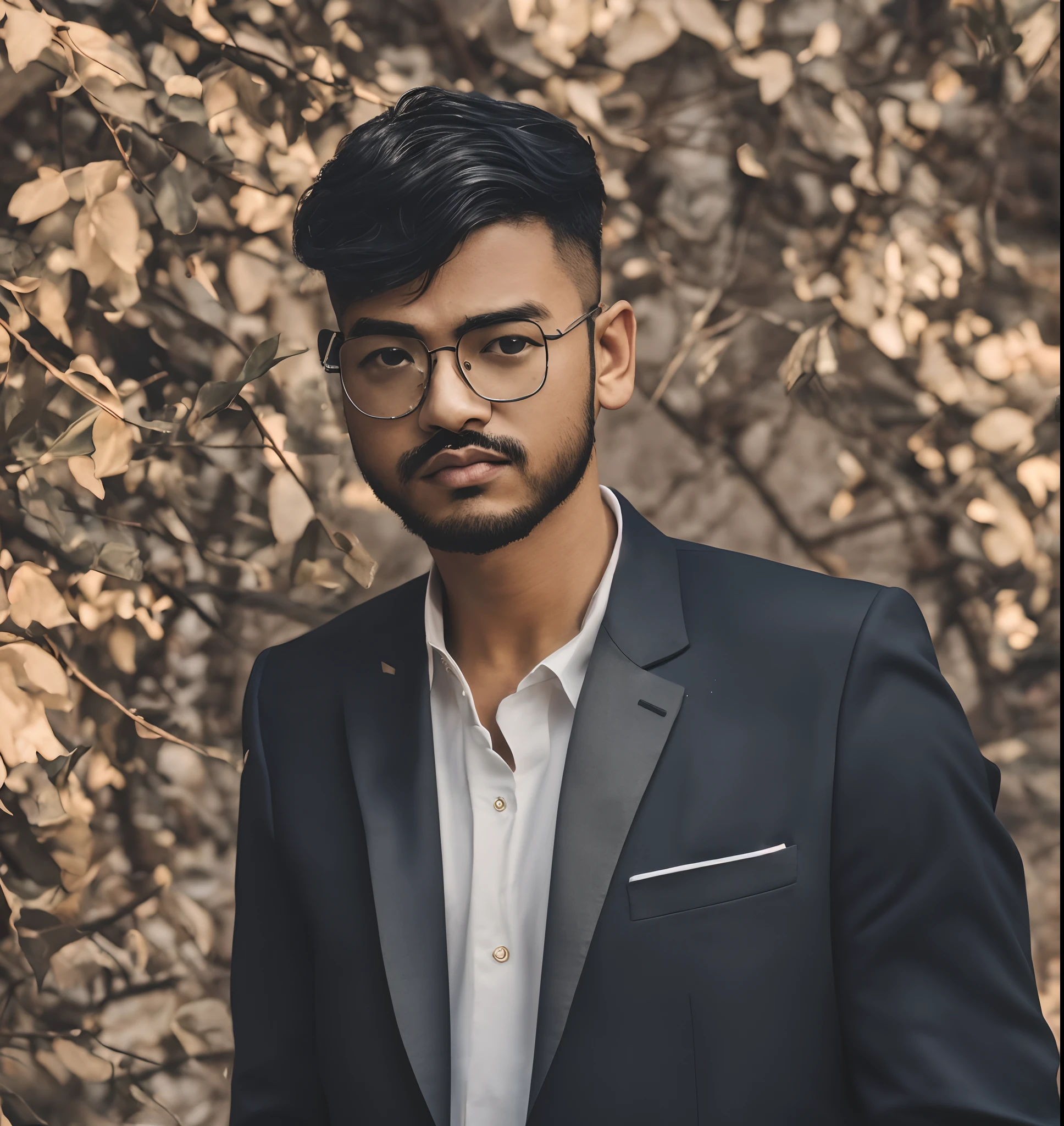 Wearing black suit. Short hair cut. Cinematic effect, Simple back ground. DSLR. Real face. 8k