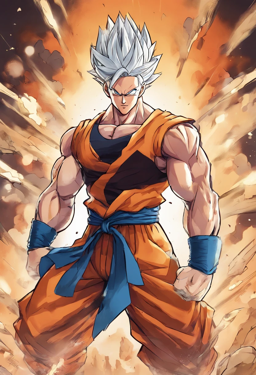 prince vegita, 1boy, closed mouth, male focus, muscular, muscular male, rock, sash, serious, solo, spiked hair, topless male, torn clothes, ultra instinct, black eyes, silver hair, ((masterpiece)), high res, ultra sharp, 8k