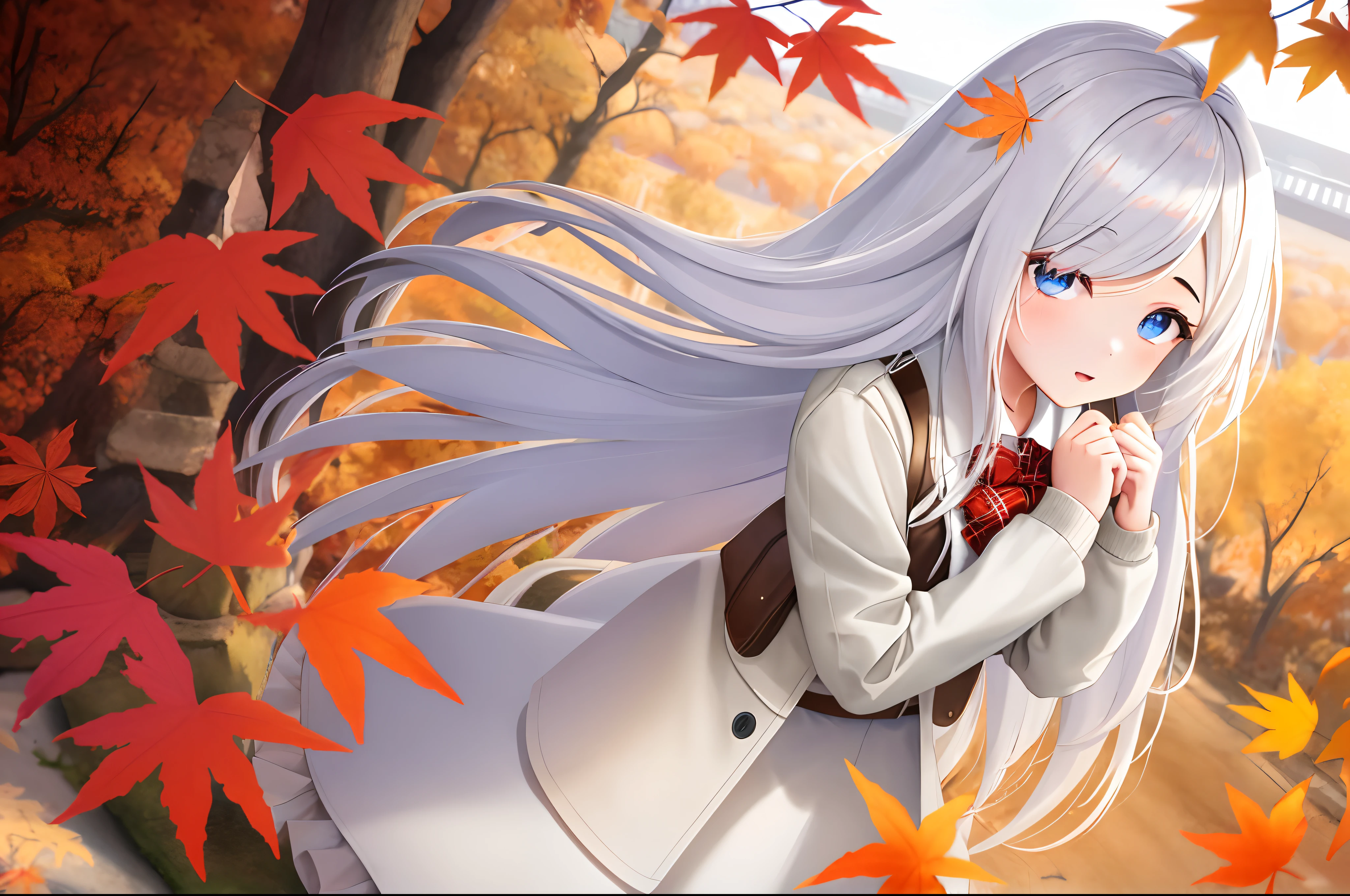 teens girl，white color hair，pupils，autumnal，Wallpapers，maple leaves，bridgehead