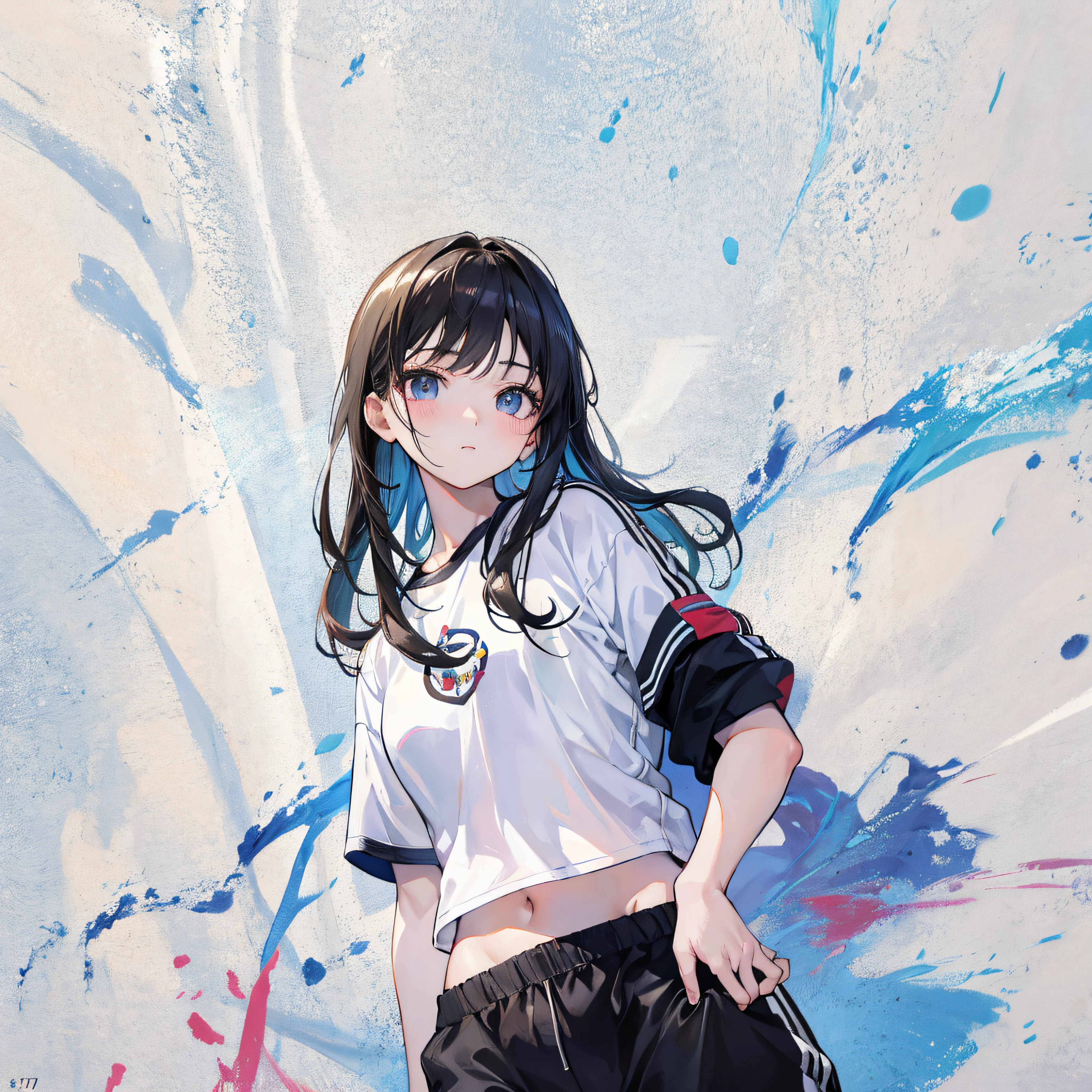 (Realistic painting style:1.0), Masterpiece, Best quality, absurderes, comic strip, illustration,
1 girl, medium hair, cute girl, young and cute girl, Korean girl, {Breasts}, kuan17,
a girl in a white shirt and black shorts, wearing sports clothing, croptop, trending on r/streetwear, she is wearing streetwear, wearing sportswear, sportswear,